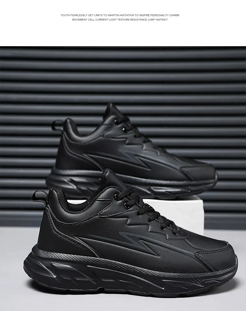 Black Leather Shoes for Men Height Increasing Winter Fashion Sneakers Plus Fur