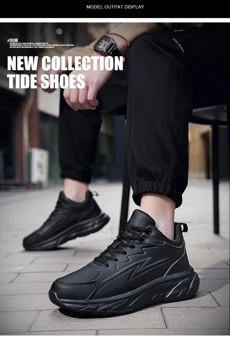 Black Leather Shoes for Men Height Increasing Winter Fashion Sneakers Plus Fur