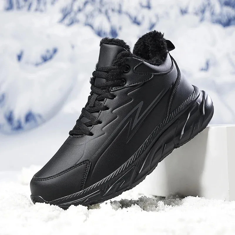 Black Leather Shoes for Men Height Increasing Winter Fashion Sneakers Plus Fur