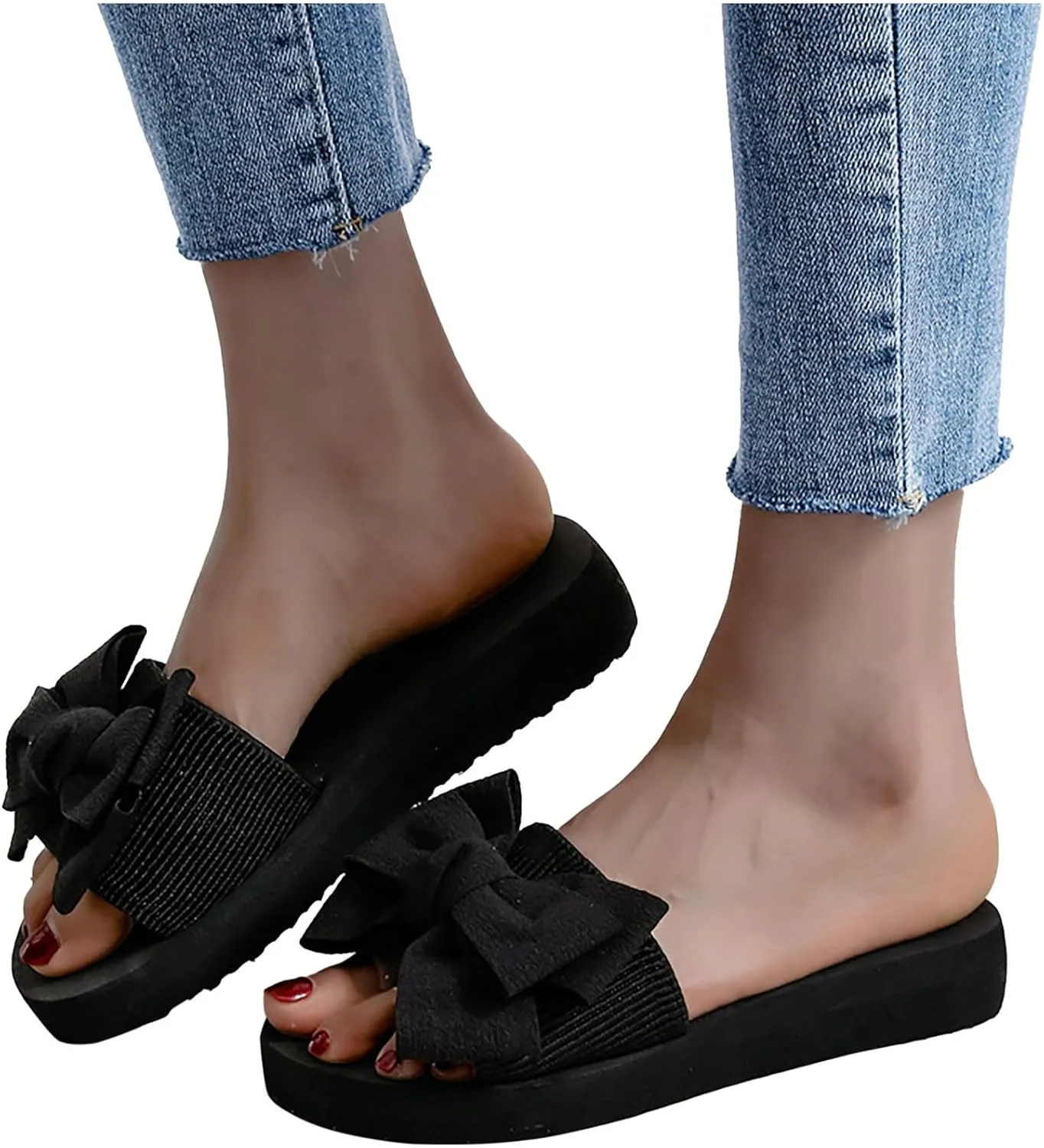 Black Slippers for Women Casual Platform Sandals Wedge Sandal Shoes Fashion Bow Flip Flops Wide Strap Beach