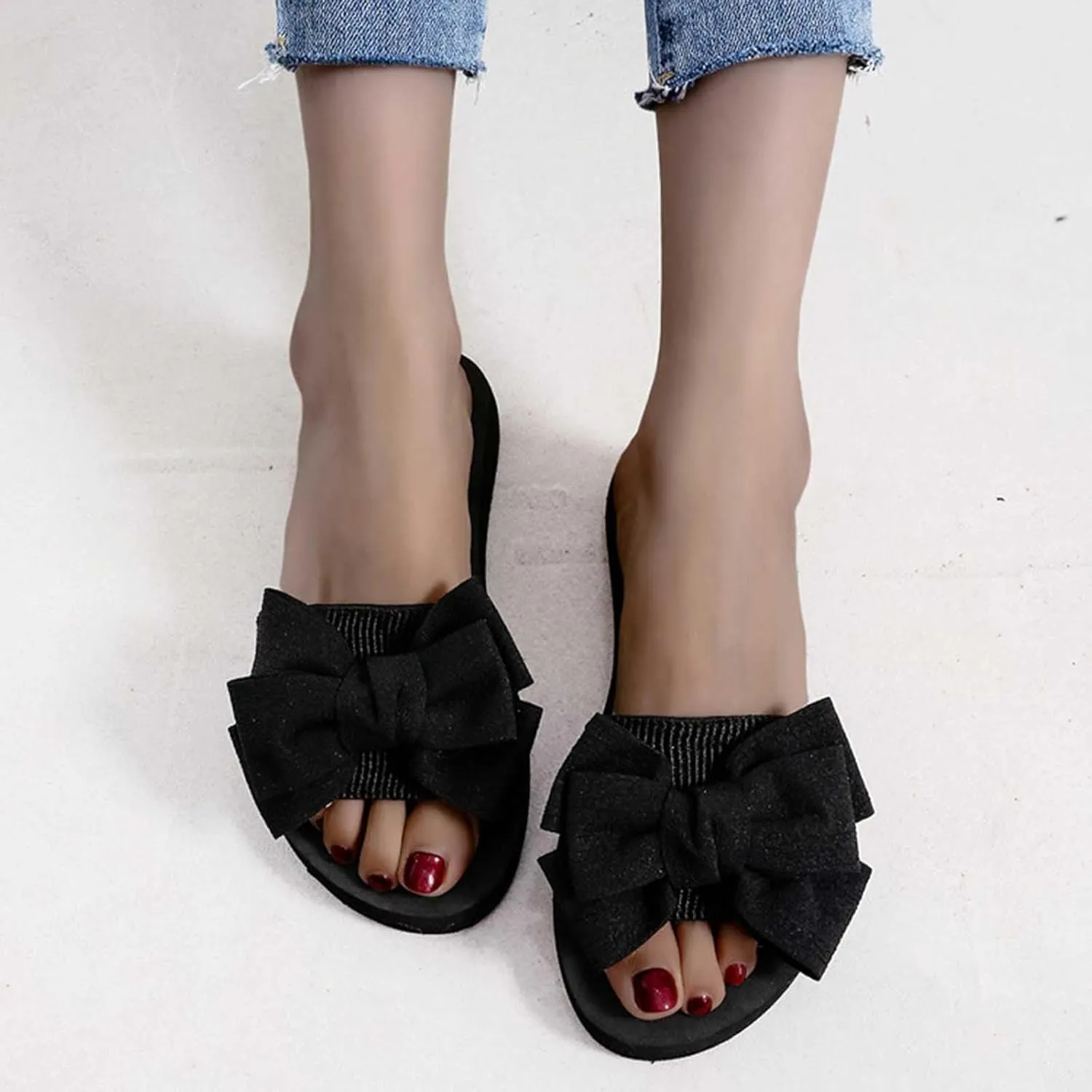 Black Slippers for Women Casual Platform Sandals Wedge Sandal Shoes Fashion Bow Flip Flops Wide Strap Beach