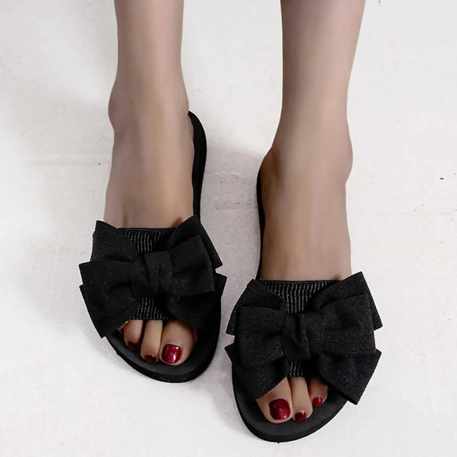 Black Slippers for Women Casual Platform Sandals Wedge Sandal Shoes Fashion Bow Flip Flops Wide Strap Beach