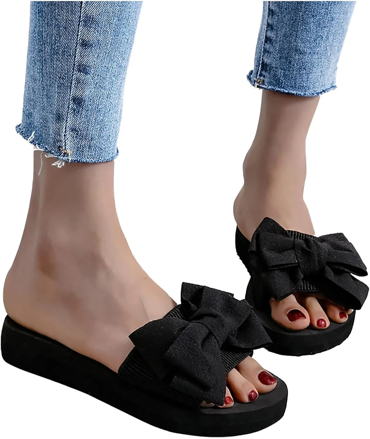 Black Slippers for Women Casual Platform Sandals Wedge Sandal Shoes Fashion Bow Flip Flops Wide Strap Beach