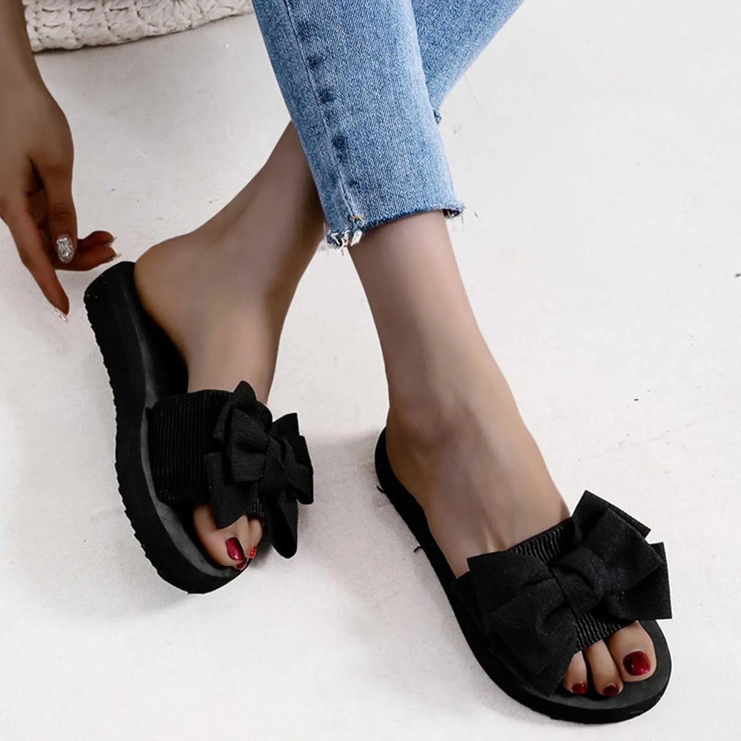 Black Slippers for Women Casual Platform Sandals Wedge Sandal Shoes Fashion Bow Flip Flops Wide Strap Beach