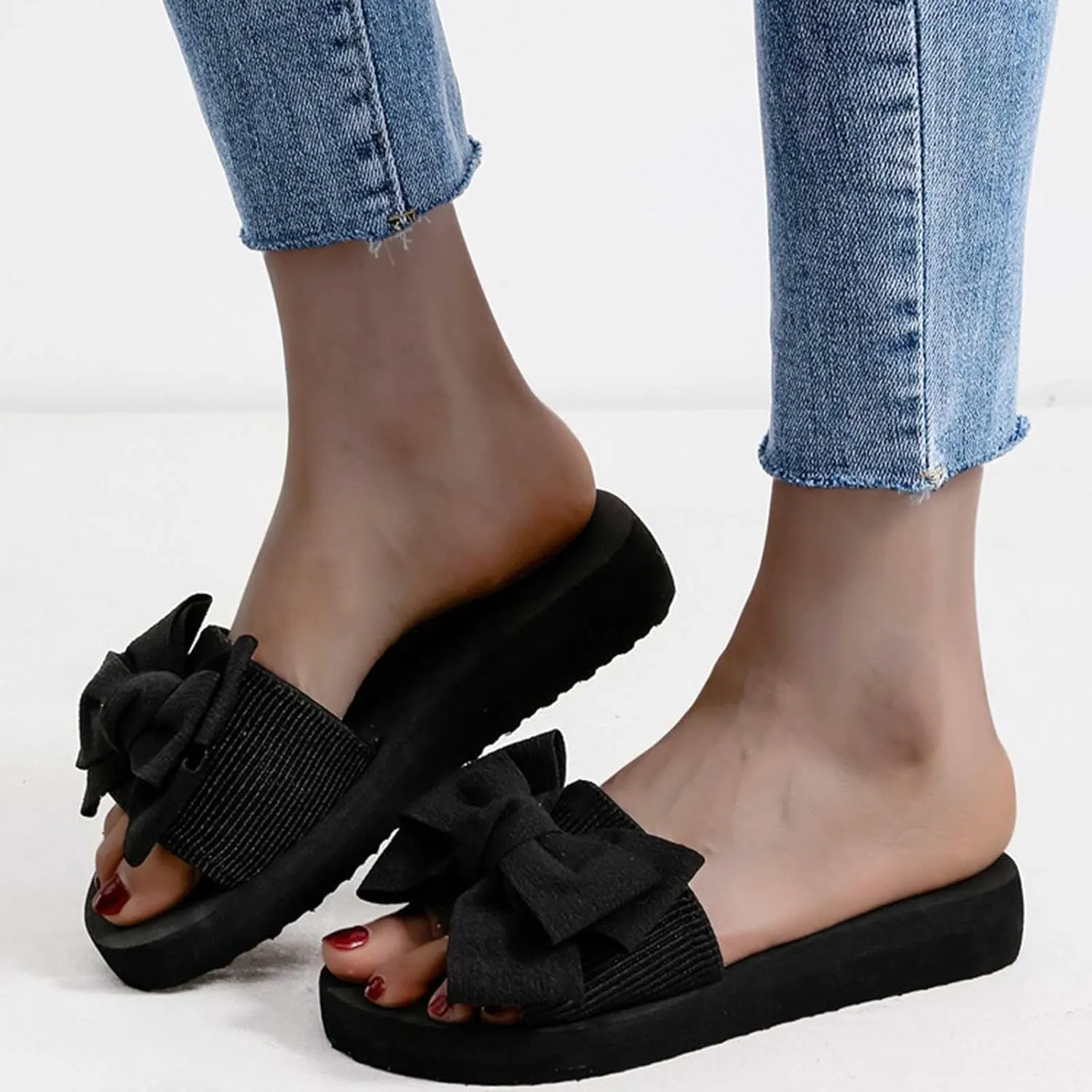 Black Slippers for Women Casual Platform Sandals Wedge Sandal Shoes Fashion Bow Flip Flops Wide Strap Beach