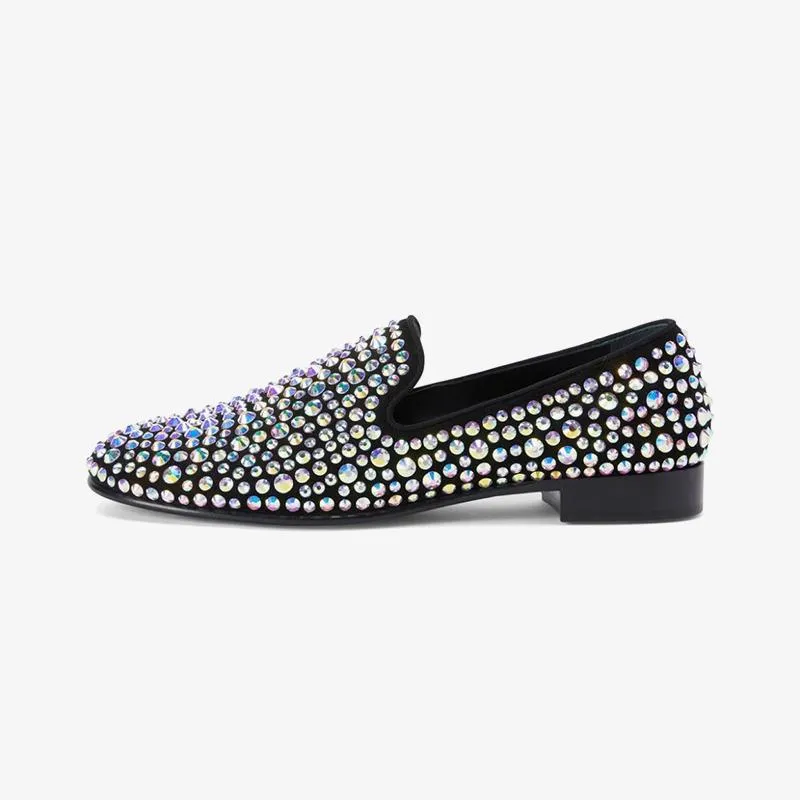 Black Suede Crystal-Embellished Loafers