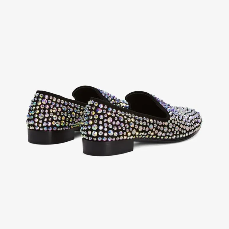 Black Suede Crystal-Embellished Loafers