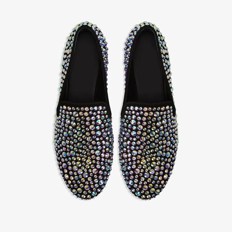 Black Suede Crystal-Embellished Loafers