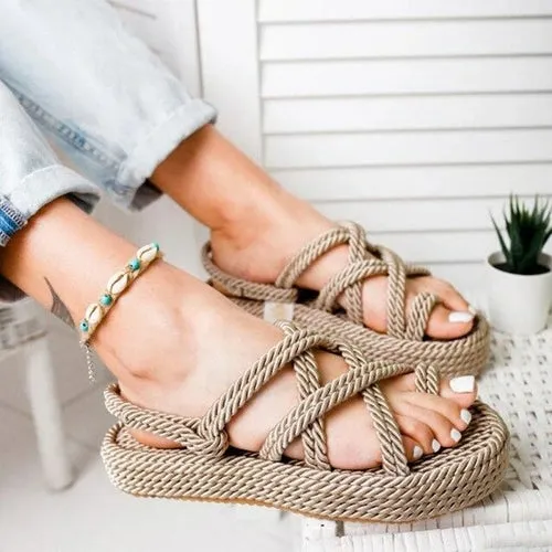 Bohemian Sandals For Women Flat Linen Rope Platform Female Open Toe