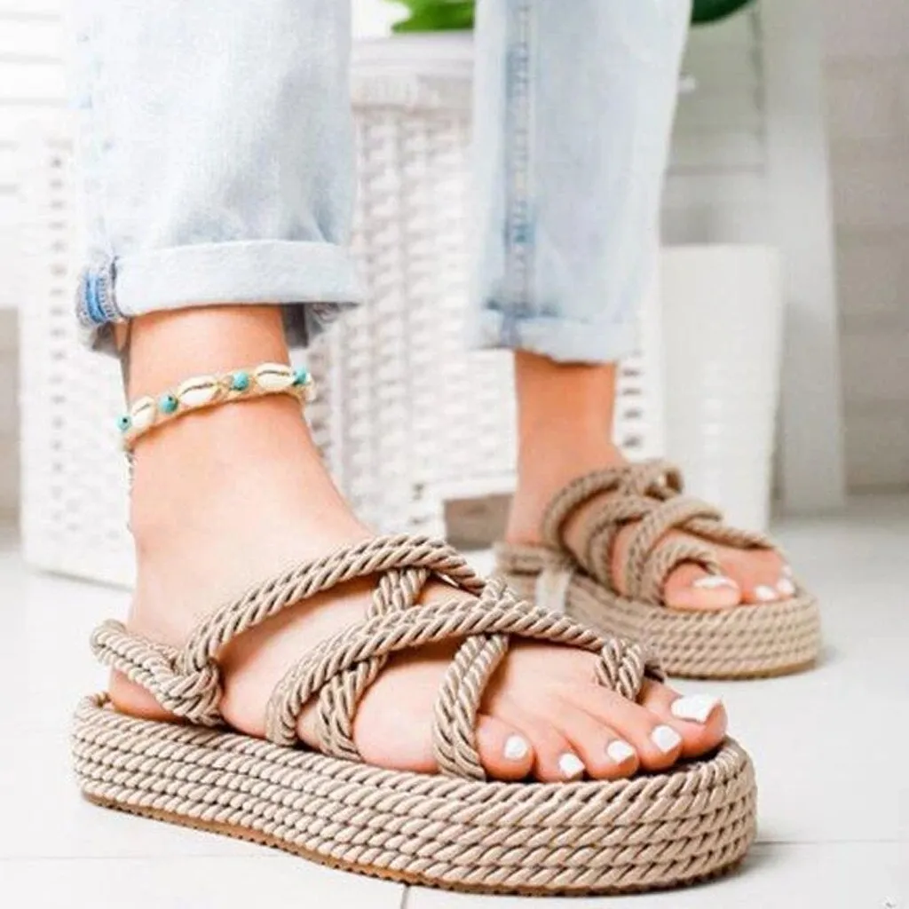 Bohemian Sandals For Women Flat Linen Rope Platform Female Open Toe