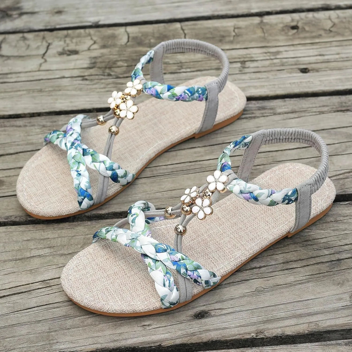 Boho Wedge Sandals for Women Dressy Slip on Comfortable Summer Sandals Ankle Strap Elastic Shoes Vacation Beach Shoes Orthopedic Walking Open Toe Sandal