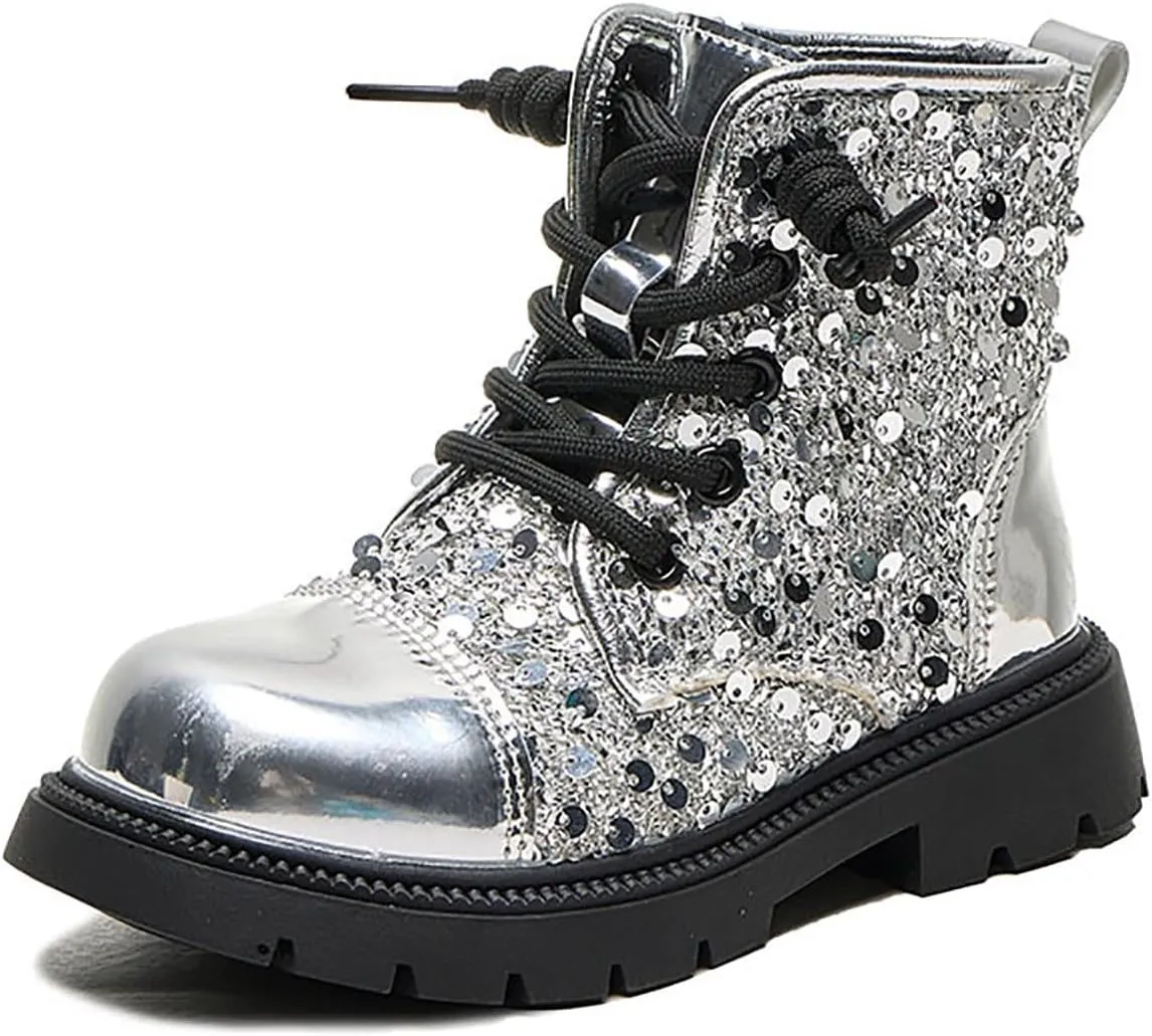 Boots for Girls, Girls Fashion Lace-Up Sequined Ankle Boots Children's Casual Boots Comfortable Lug Soft-Soled Boots