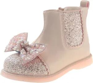 Bow Sequins Booties For Girls Kids Childrens Leather Soft Sole Flat Boots Shoes Outdoor Cute Side Zipper Comfy Loafers