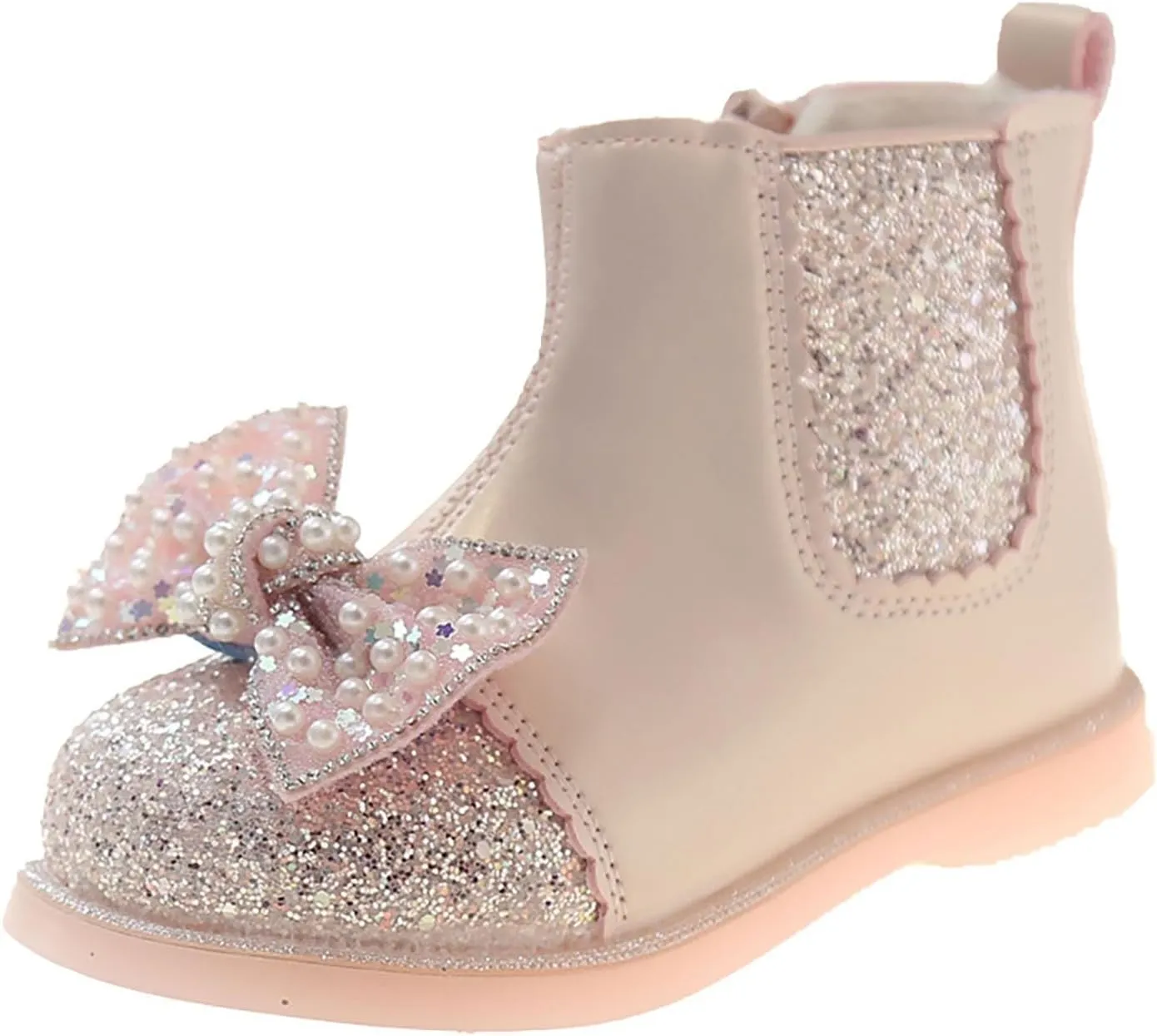 Bow Sequins Booties For Girls Kids Childrens Leather Soft Sole Flat Boots Shoes Outdoor Cute Side Zipper Comfy Loafers