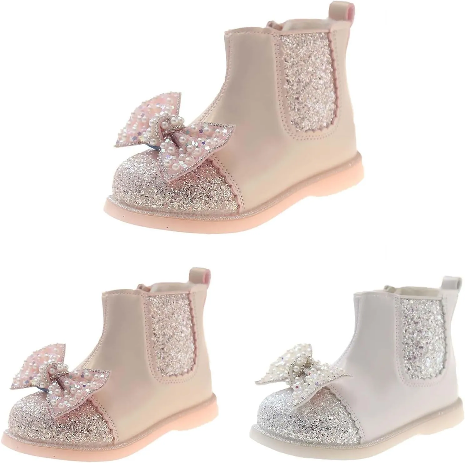 Bow Sequins Booties For Girls Kids Childrens Leather Soft Sole Flat Boots Shoes Outdoor Cute Side Zipper Comfy Loafers
