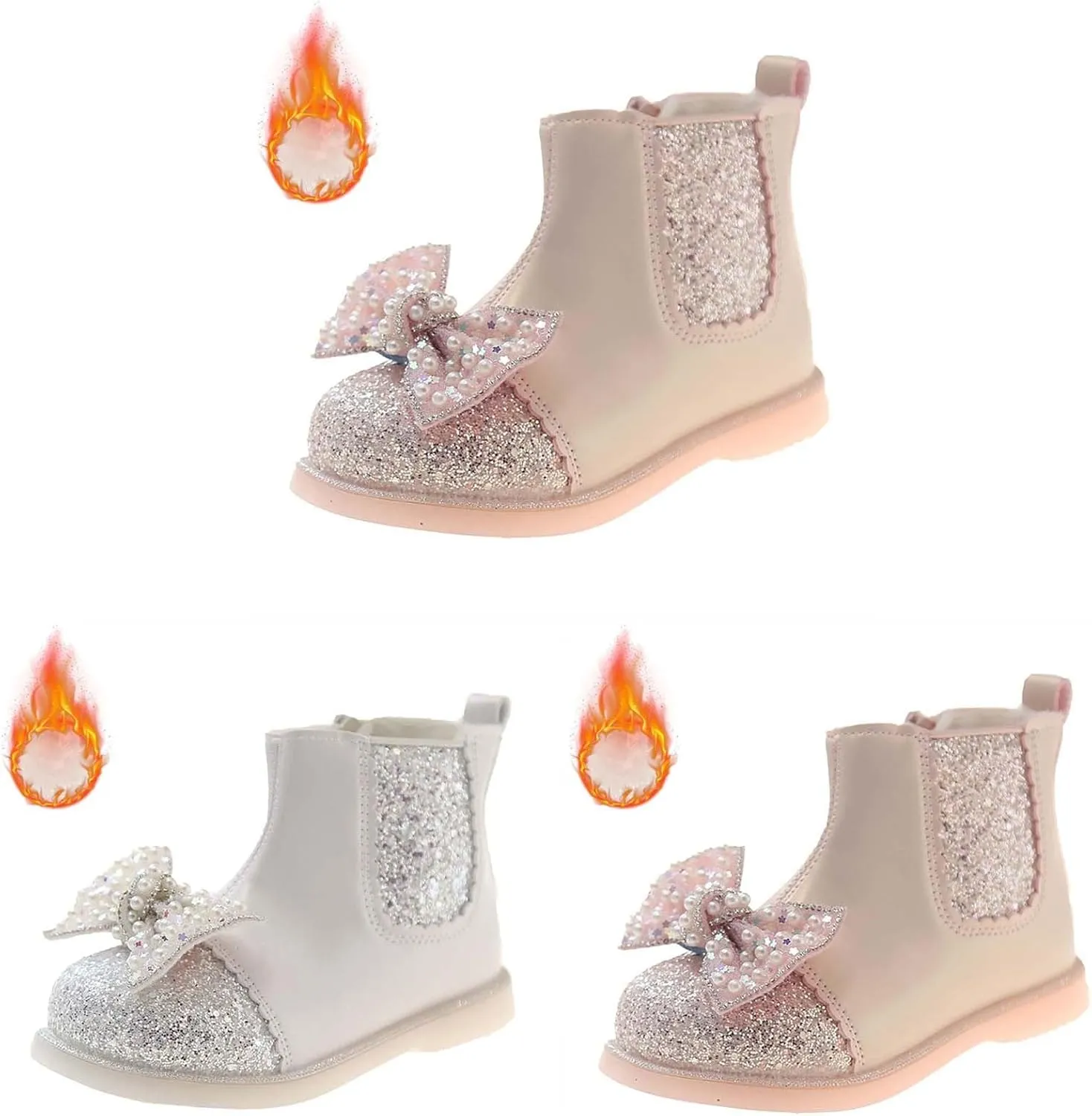 Bow Sequins Booties For Girls Kids Childrens Leather Soft Sole Flat Boots Shoes Outdoor Cute Side Zipper Comfy Loafers