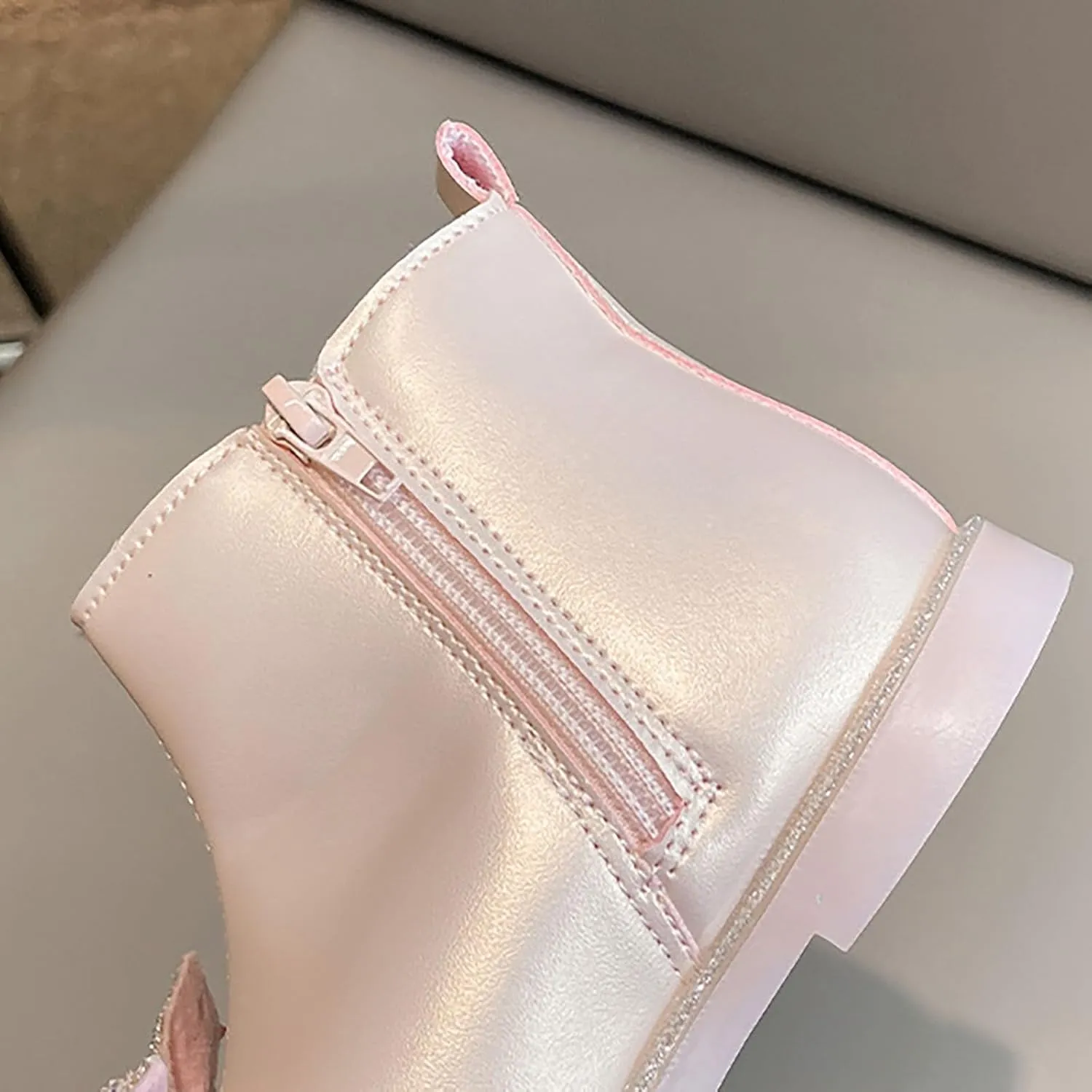 Bow Sequins Booties For Girls Kids Childrens Leather Soft Sole Flat Boots Shoes Outdoor Cute Side Zipper Comfy Loafers