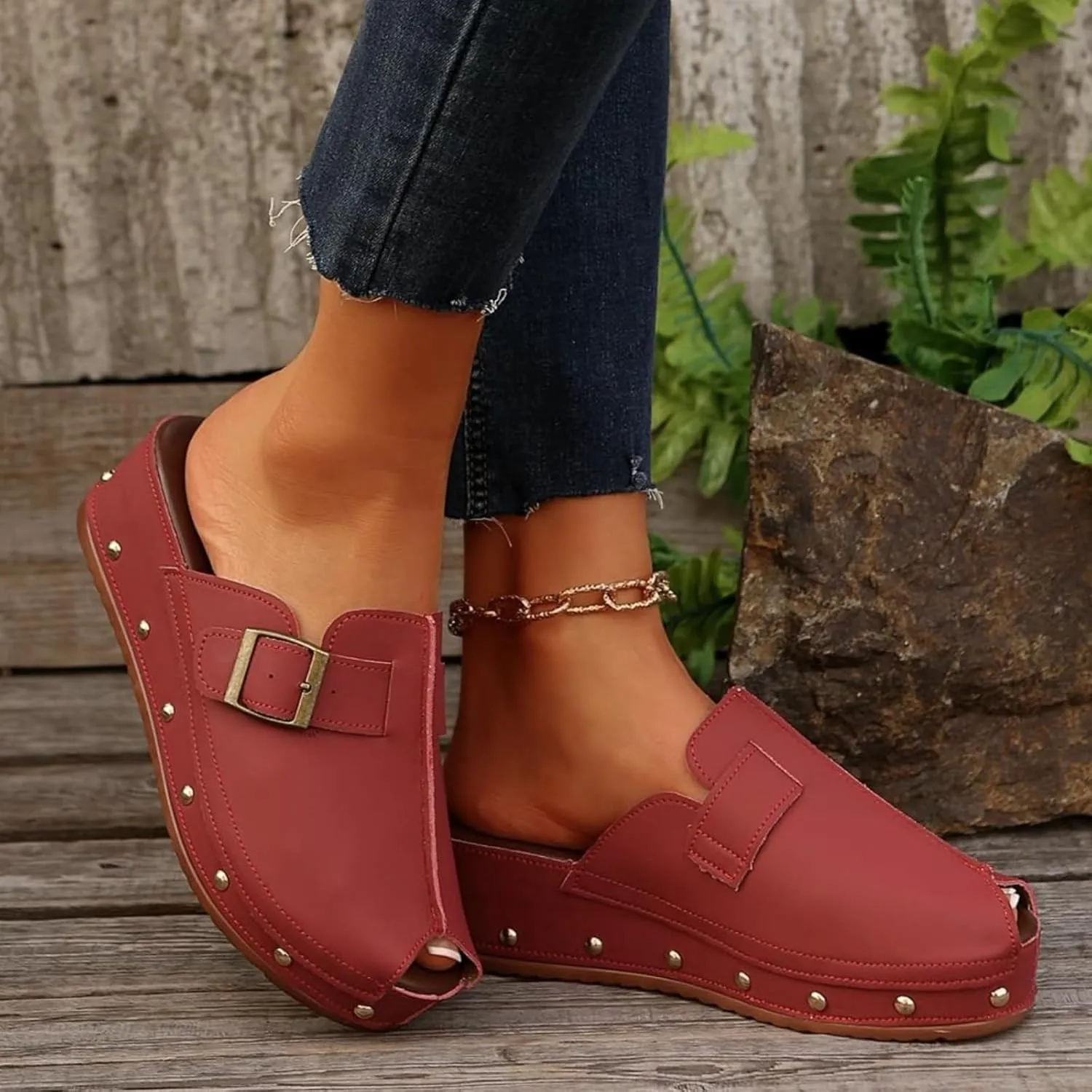 Buckle Platform Wedge Sandals for Women Rivet Dressy Slide Shoes Casual Boho Summer Beach Sandals Cutout Comfortable Vacation Shoes Arch Support Beach Walking Slippers Roman Sandal