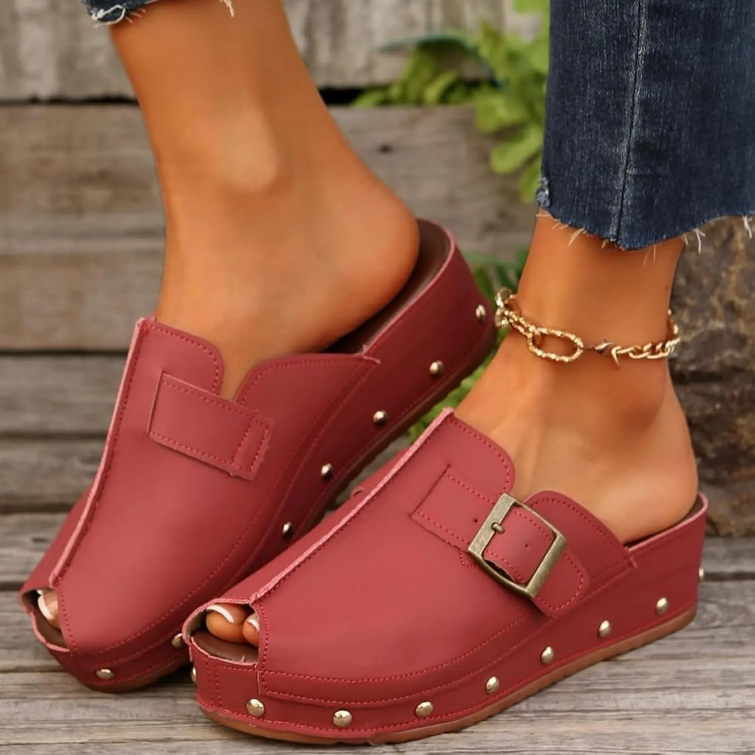 Buckle Platform Wedge Sandals for Women Rivet Dressy Slide Shoes Casual Boho Summer Beach Sandals Cutout Comfortable Vacation Shoes Arch Support Beach Walking Slippers Roman Sandal