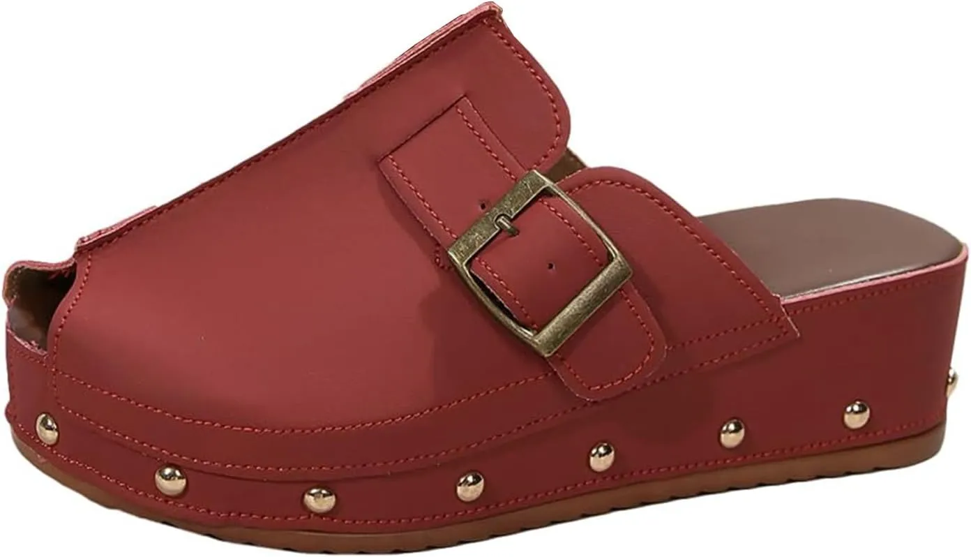 Buckle Platform Wedge Sandals for Women Rivet Dressy Slide Shoes Casual Boho Summer Beach Sandals Cutout Comfortable Vacation Shoes Arch Support Beach Walking Slippers Roman Sandal