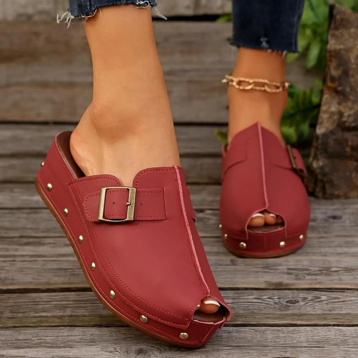 Buckle Platform Wedge Sandals for Women Rivet Dressy Slide Shoes Casual Boho Summer Beach Sandals Cutout Comfortable Vacation Shoes Arch Support Beach Walking Slippers Roman Sandal
