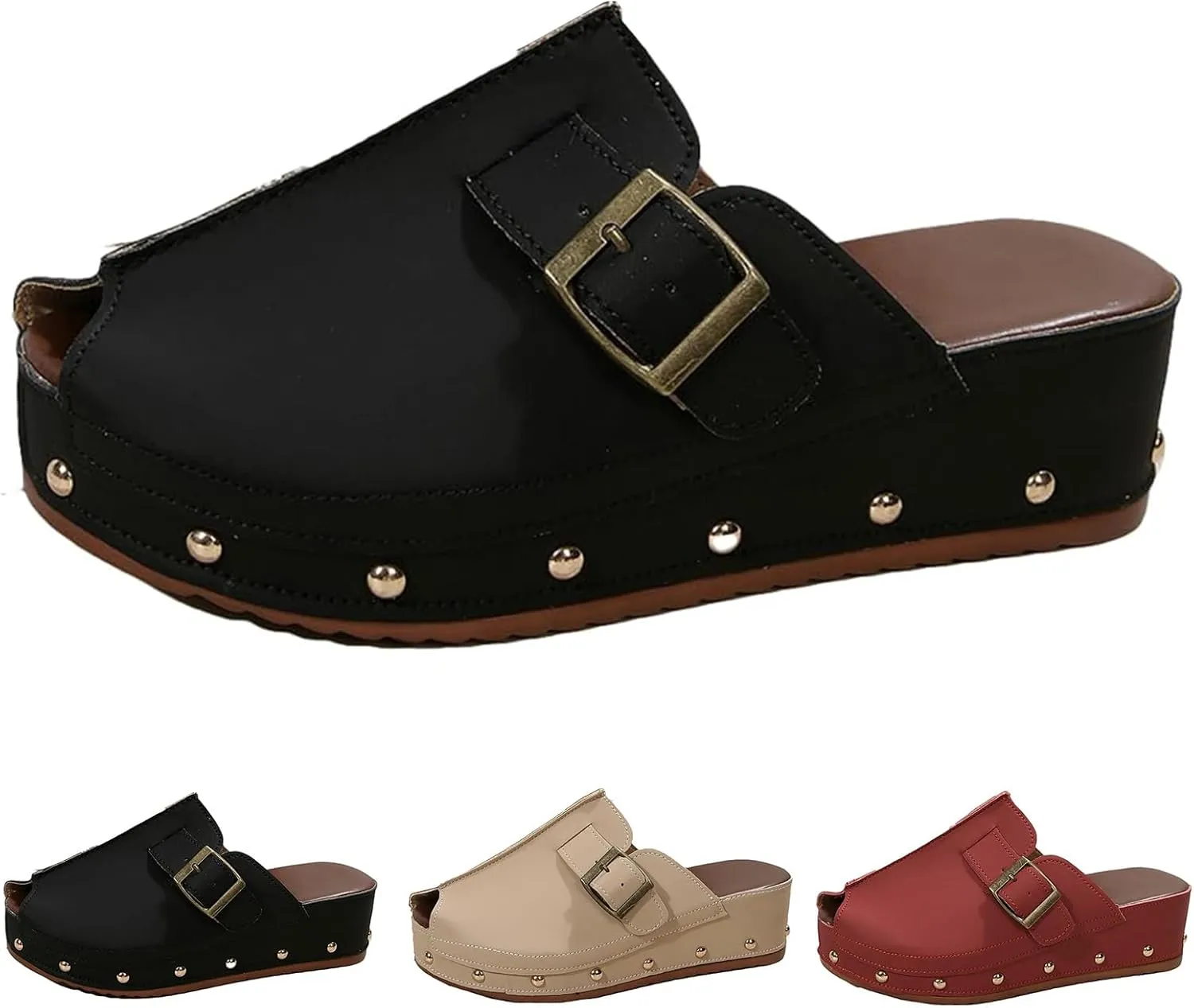 Buckle Platform Wedge Sandals for Women Rivet Dressy Slide Shoes Casual Boho Summer Beach Sandals Cutout Comfortable Vacation Shoes Arch Support Beach Walking Slippers Roman Sandal