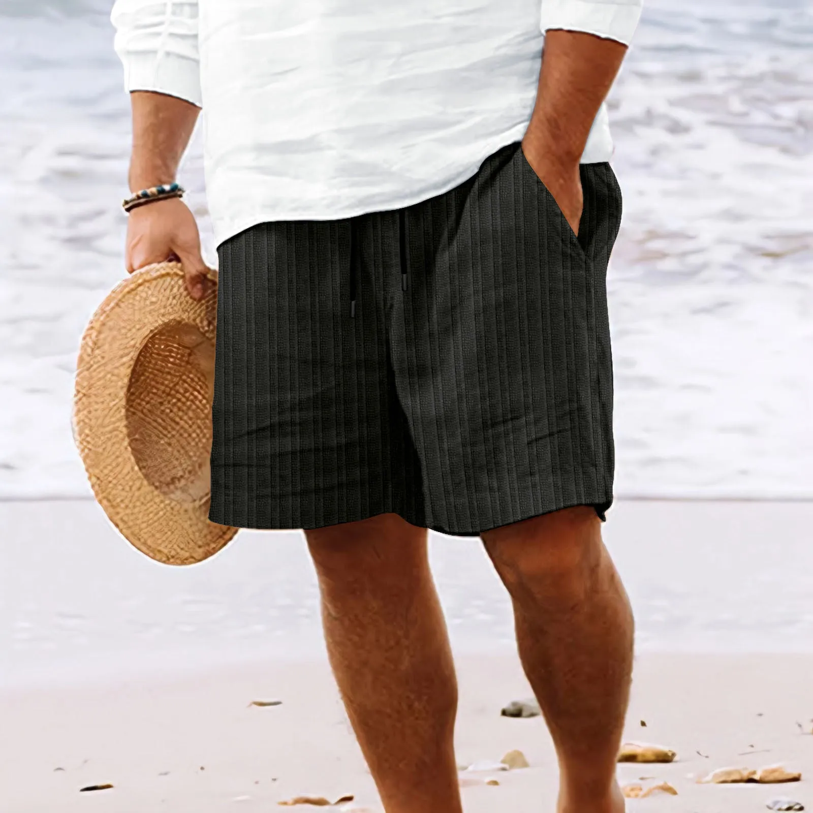 Caleb - Men's Beach Shorts - Cotton Linen Striped Multi-Pocket