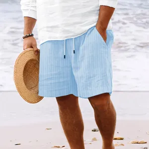 Caleb - Men's Beach Shorts - Cotton Linen Striped Multi-Pocket