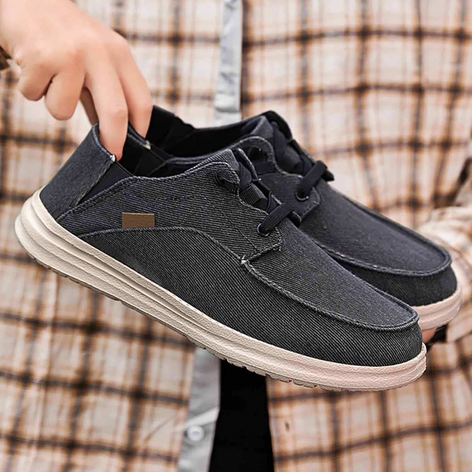 Canvas Platform Loafers Mens,Fashion Lightweight & Breathable Mesh Mens Boat Shoes,Classic Comfy Soft Deck Shoes,Slip Resistant,All Weather Rubber Soles