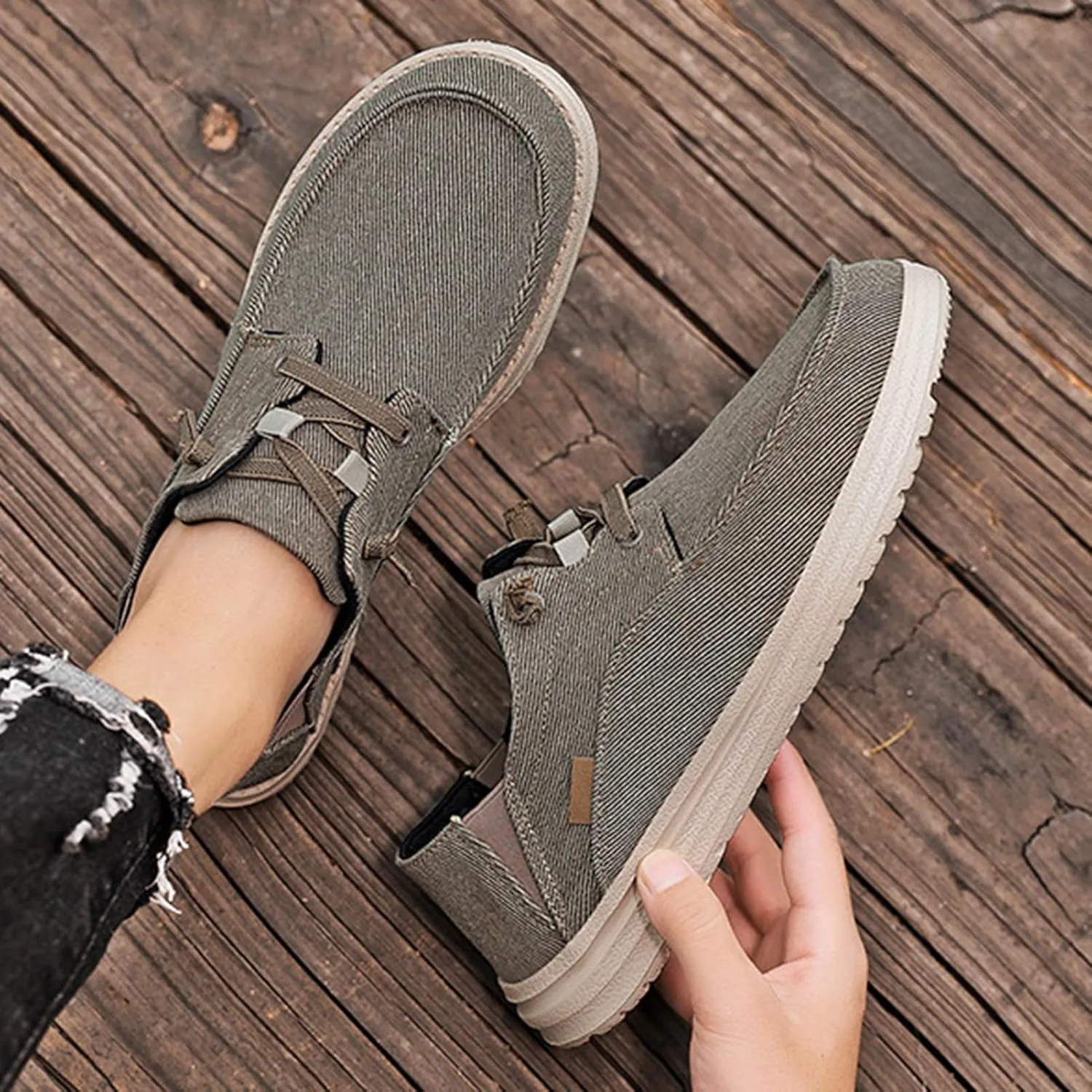Canvas Platform Loafers Mens,Fashion Lightweight & Breathable Mesh Mens Boat Shoes,Classic Comfy Soft Deck Shoes,Slip Resistant,All Weather Rubber Soles