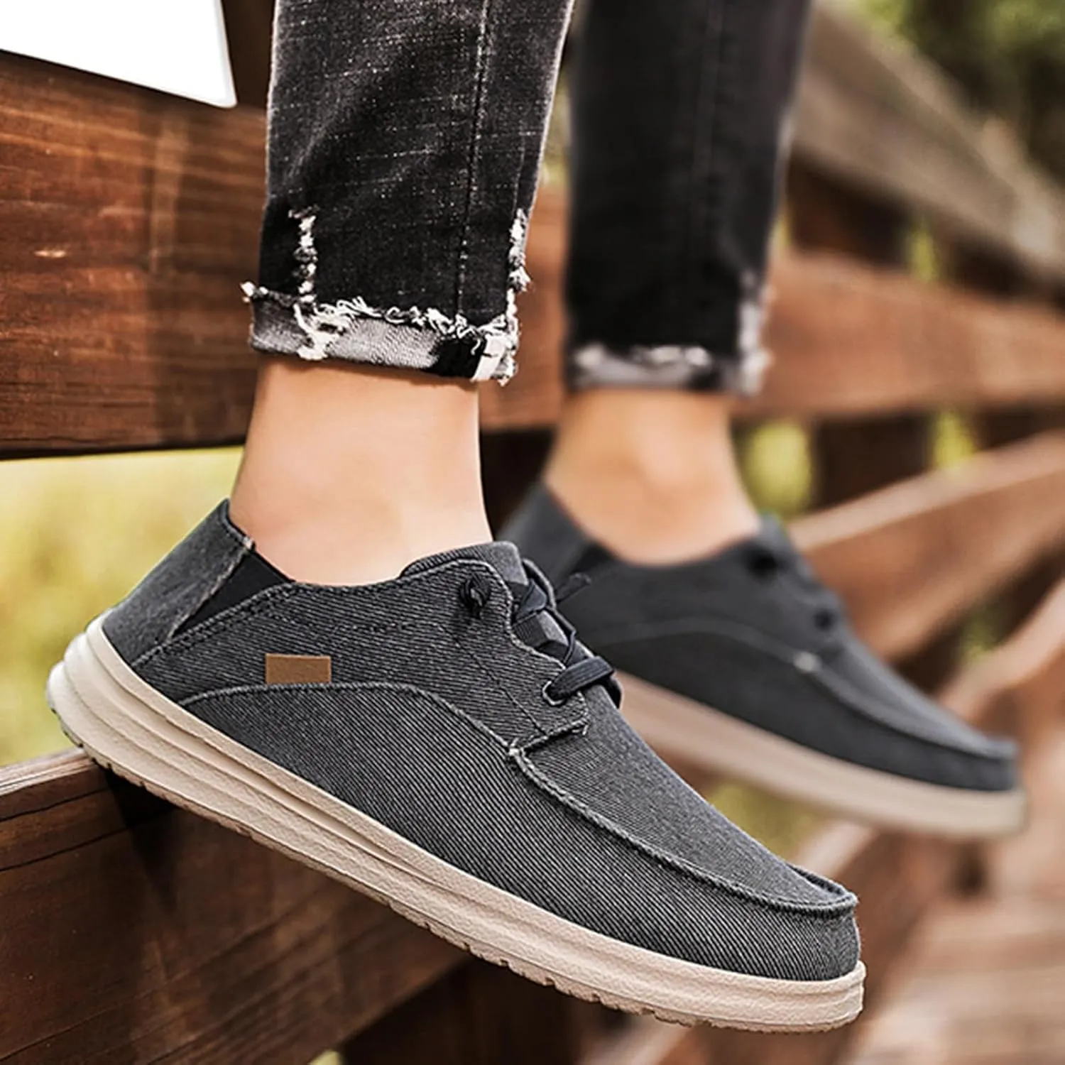 Canvas Platform Loafers Mens,Fashion Lightweight & Breathable Mesh Mens Boat Shoes,Classic Comfy Soft Deck Shoes,Slip Resistant,All Weather Rubber Soles