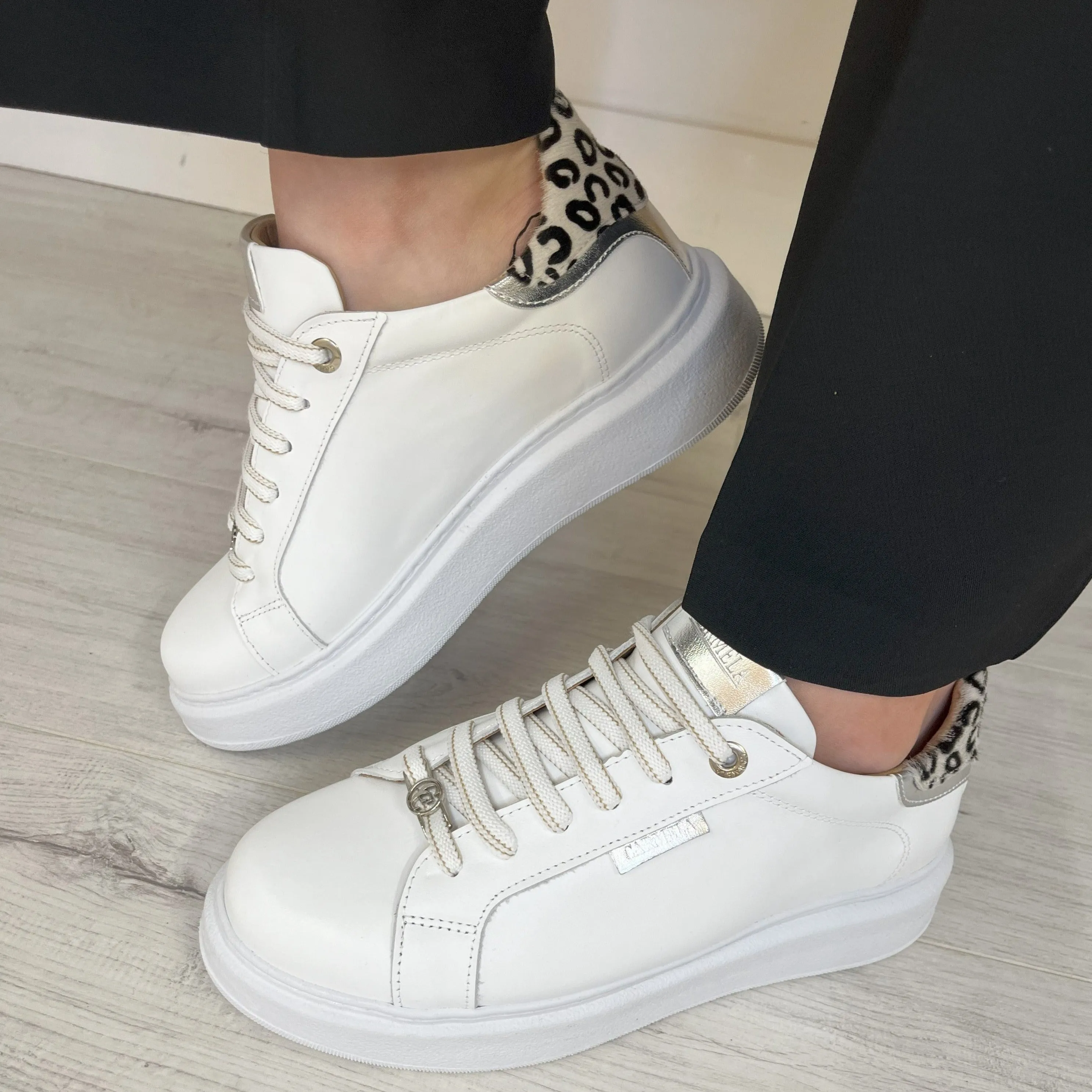Carmela White Leather Lace Up Sneakers - Silver