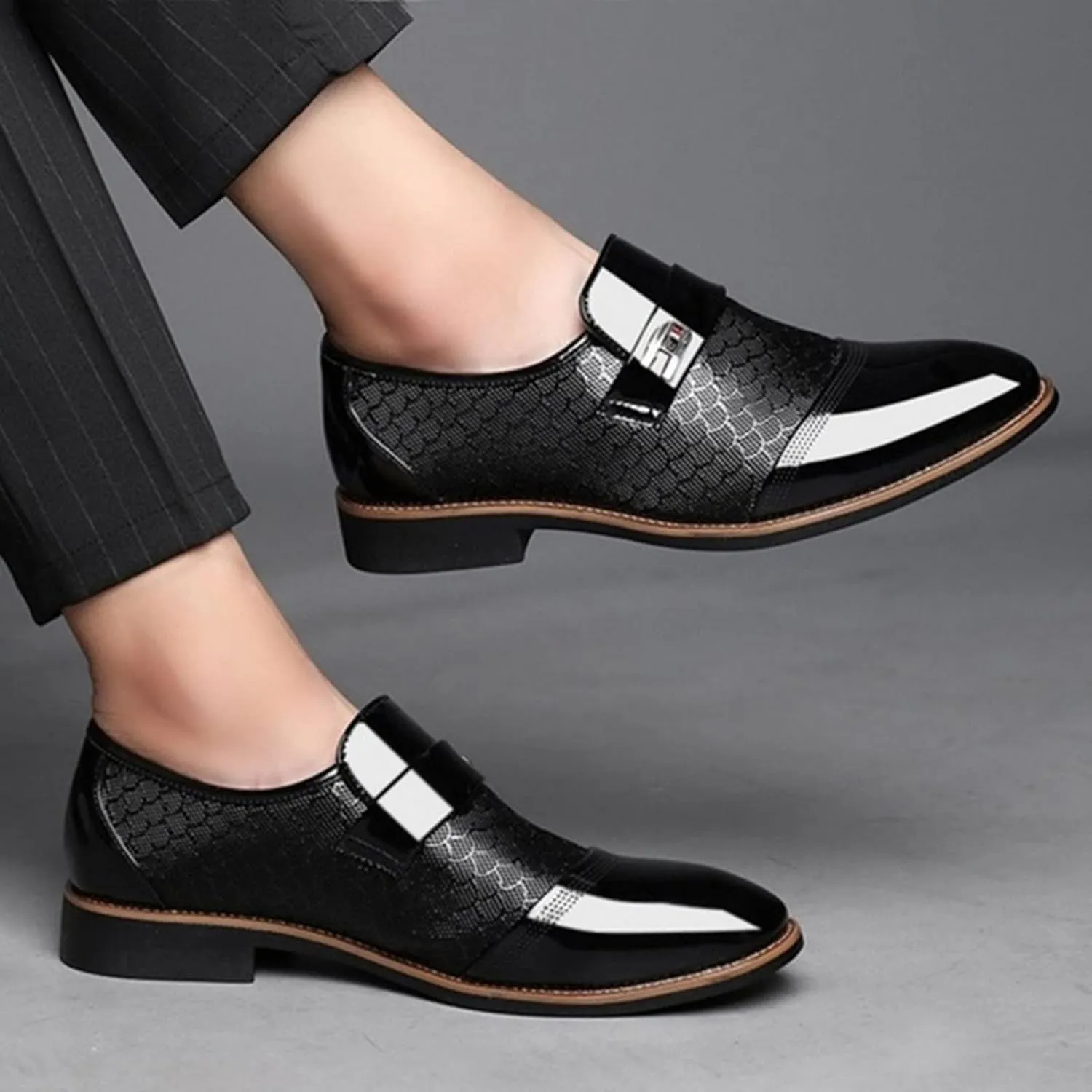 Casual Business Dress Shoes Men Slip on Formal Oxfords Low Heel Patent Leather Shoes Comfortable Business Shoe Men Arch Support Walking Shoe Pattern Leather Oxfords Daily Work Wear