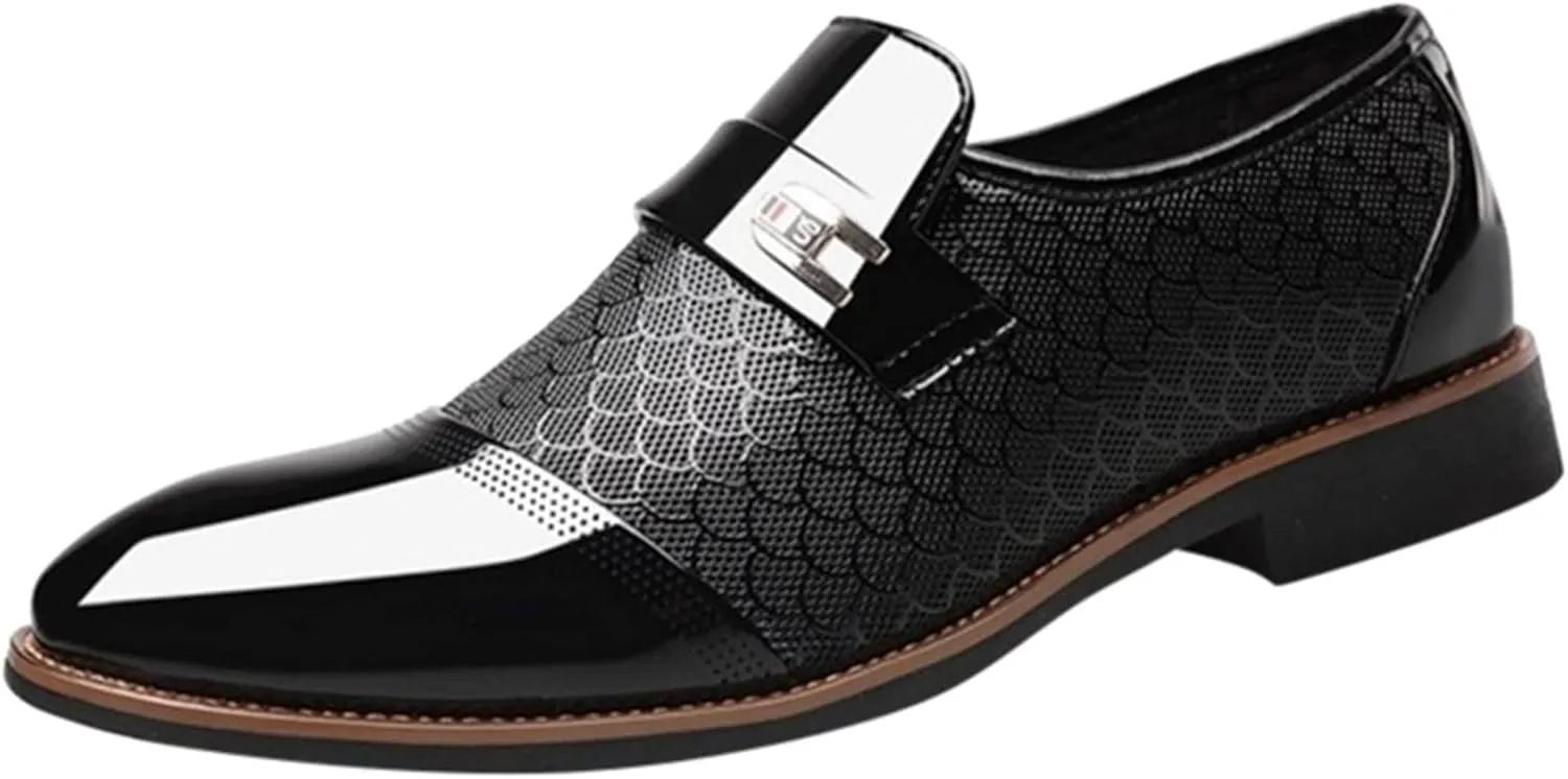 Casual Business Dress Shoes Men Slip on Formal Oxfords Low Heel Patent Leather Shoes Comfortable Business Shoe Men Arch Support Walking Shoe Pattern Leather Oxfords Daily Work Wear