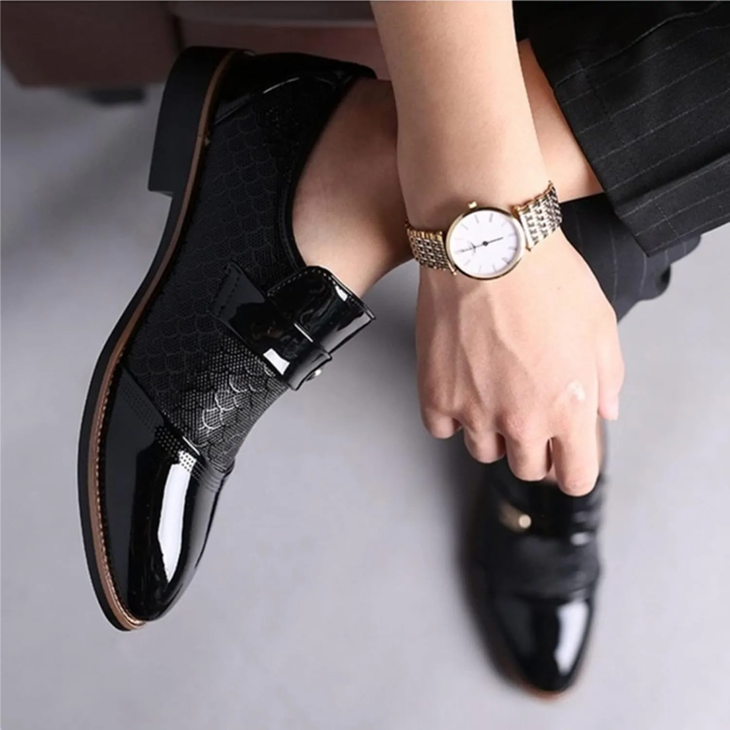 Casual Business Dress Shoes Men Slip on Formal Oxfords Low Heel Patent Leather Shoes Comfortable Business Shoe Men Arch Support Walking Shoe Pattern Leather Oxfords Daily Work Wear