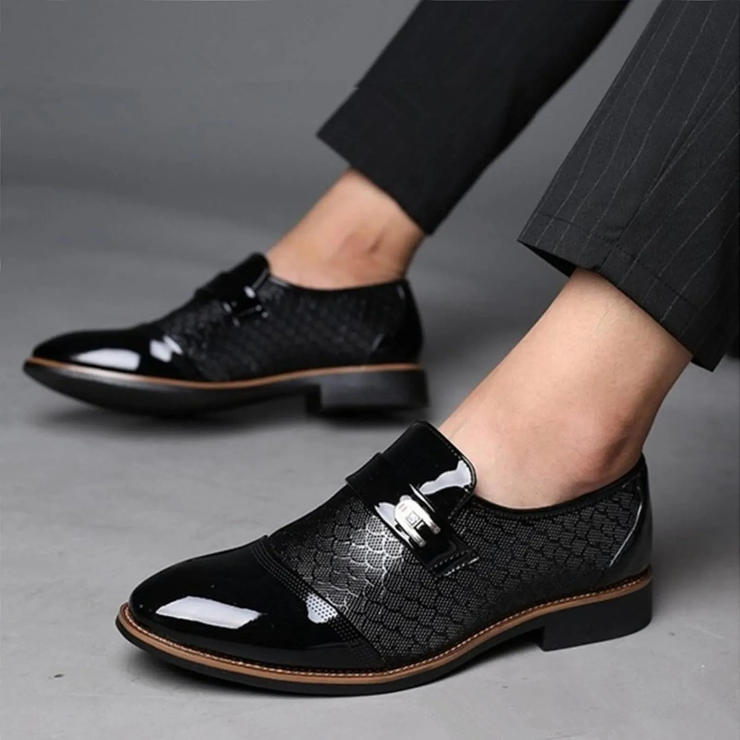 Casual Business Dress Shoes Men Slip on Formal Oxfords Low Heel Patent Leather Shoes Comfortable Business Shoe Men Arch Support Walking Shoe Pattern Leather Oxfords Daily Work Wear