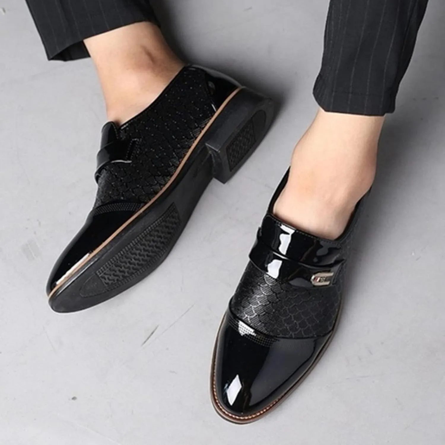 Casual Business Dress Shoes Men Slip on Formal Oxfords Low Heel Patent Leather Shoes Comfortable Business Shoe Men Arch Support Walking Shoe Pattern Leather Oxfords Daily Work Wear