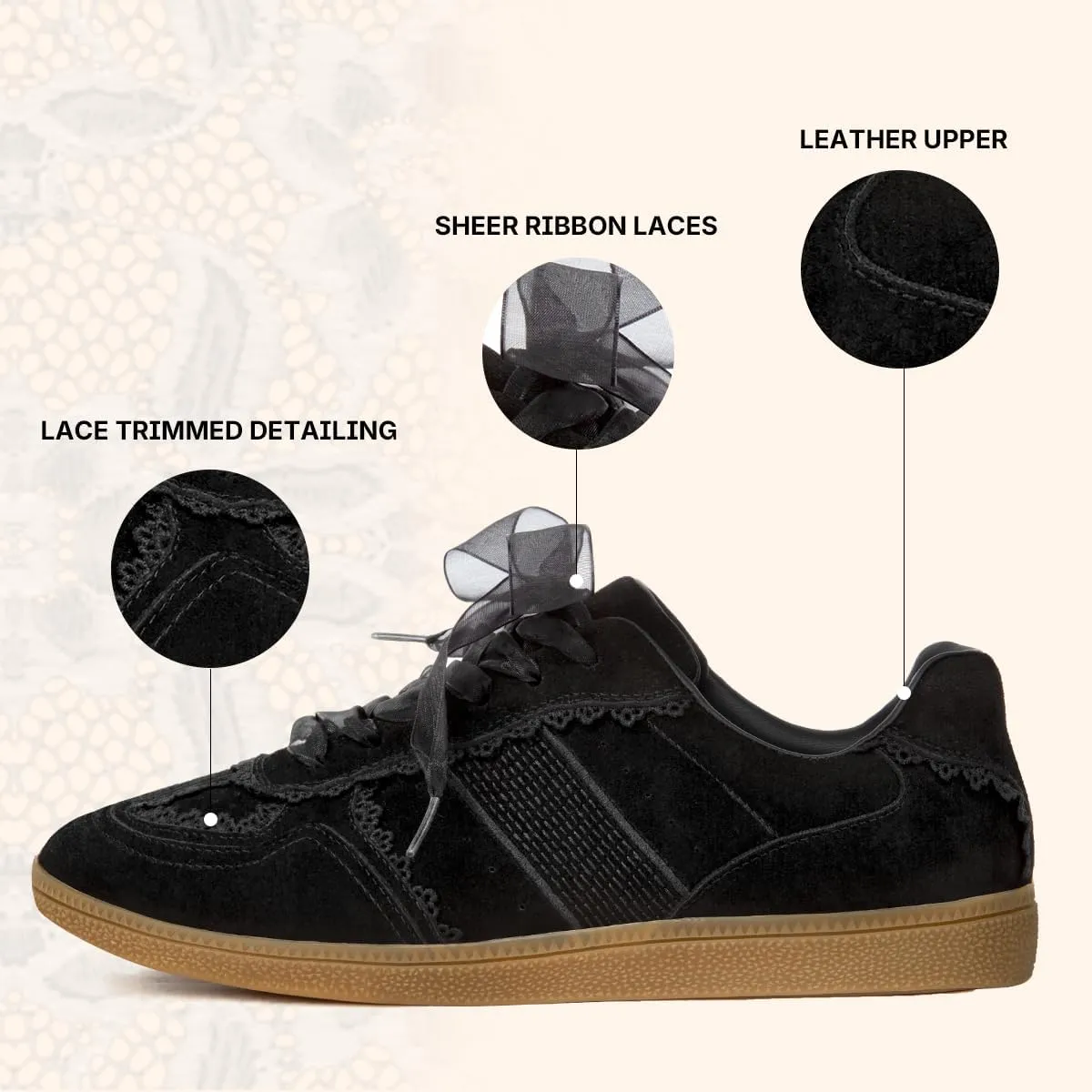 Casual Sneakers for Women Lace Detail  Elegant Ribbon Lace-Up Fashion Sneakers with Leather Upper Memory Foam Insole and Slip On Trendy Casual Shoes for Women
