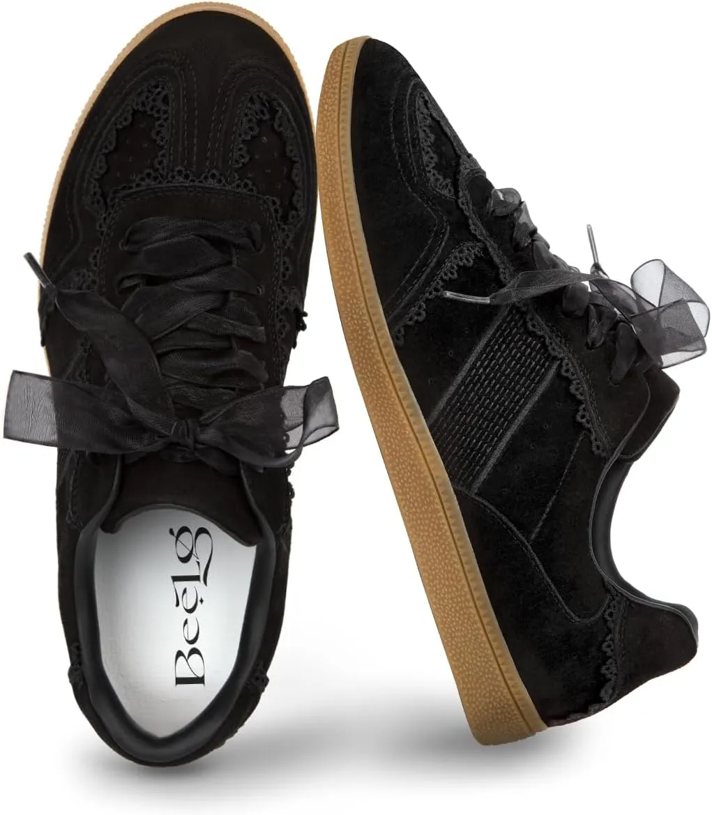 Casual Sneakers for Women Lace Detail  Elegant Ribbon Lace-Up Fashion Sneakers with Leather Upper Memory Foam Insole and Slip On Trendy Casual Shoes for Women