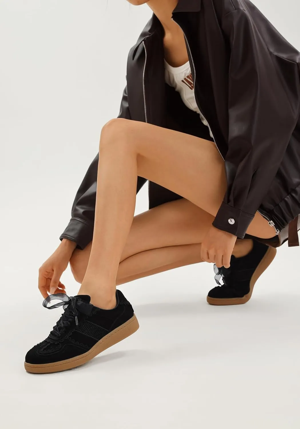 Casual Sneakers for Women Lace Detail  Elegant Ribbon Lace-Up Fashion Sneakers with Leather Upper Memory Foam Insole and Slip On Trendy Casual Shoes for Women