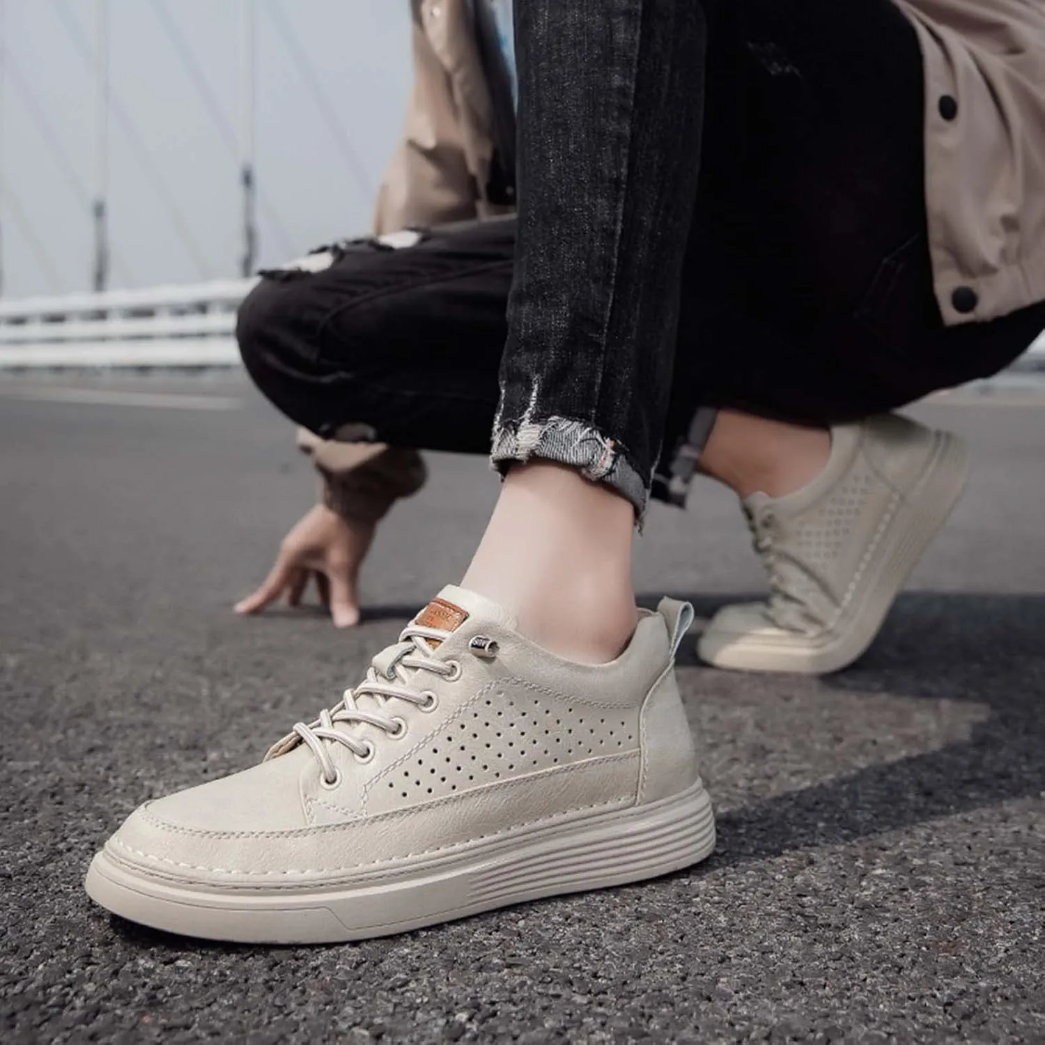 CERYTHRINA Men's Invisible Height Increasing Elevator Shoes 2.5 Inches Taller Height Casual Sneakers Comforts Leather Skeleton Shoes