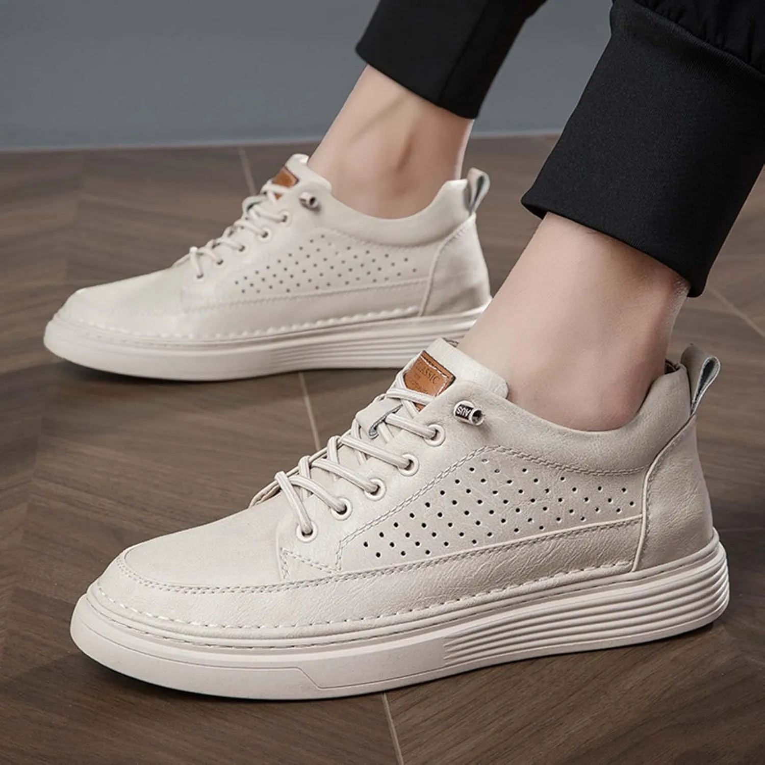 CERYTHRINA Men's Invisible Height Increasing Elevator Shoes 2.5 Inches Taller Height Casual Sneakers Comforts Leather Skeleton Shoes