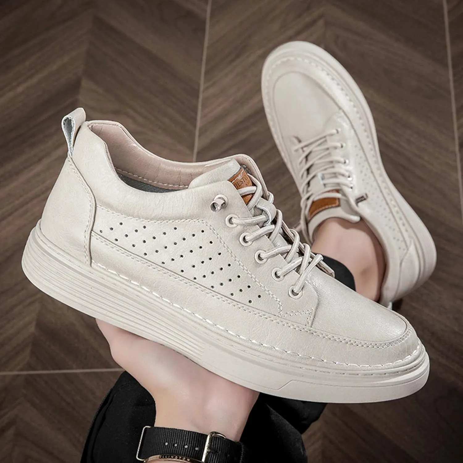 CERYTHRINA Men's Invisible Height Increasing Elevator Shoes 2.5 Inches Taller Height Casual Sneakers Comforts Leather Skeleton Shoes