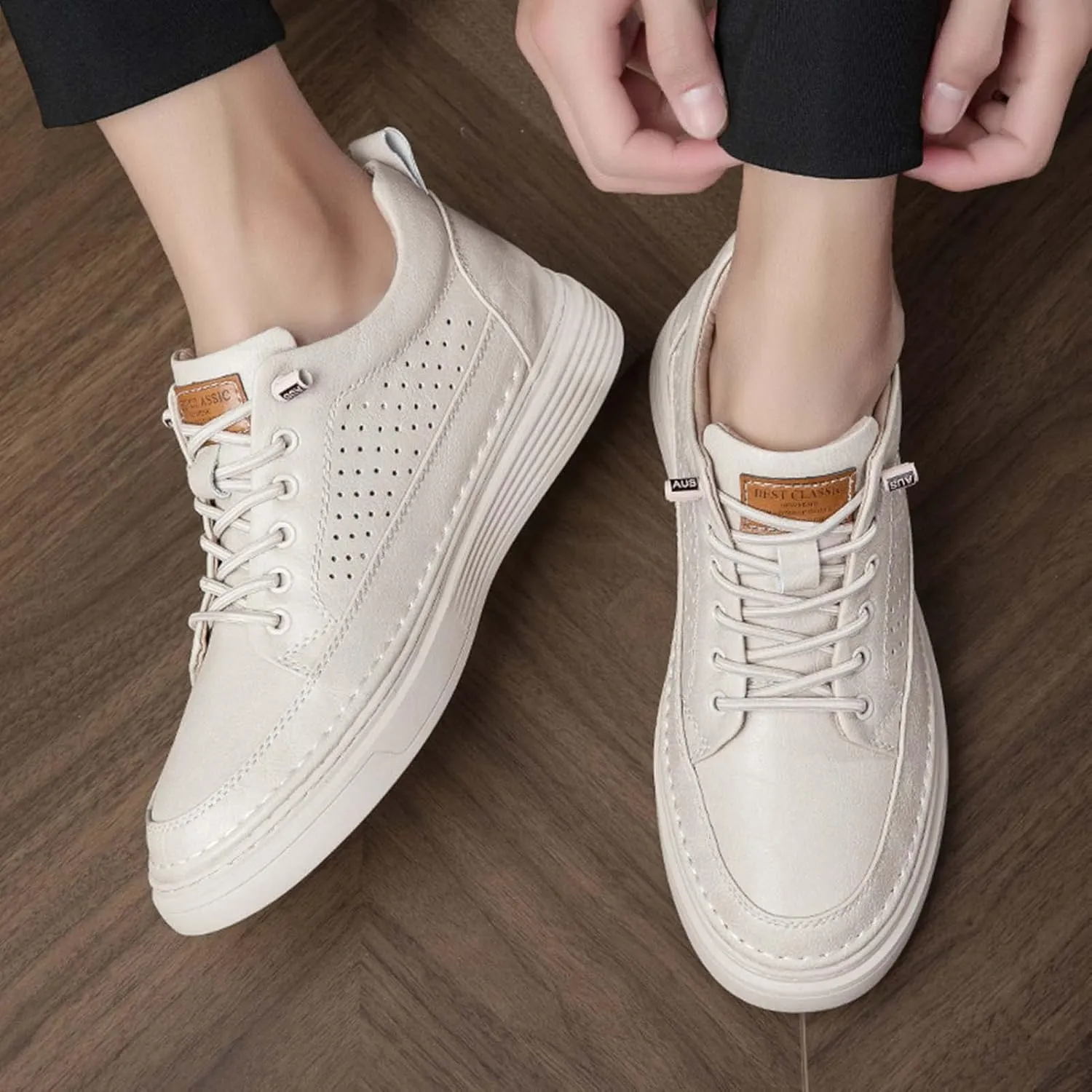 CERYTHRINA Men's Invisible Height Increasing Elevator Shoes 2.5 Inches Taller Height Casual Sneakers Comforts Leather Skeleton Shoes