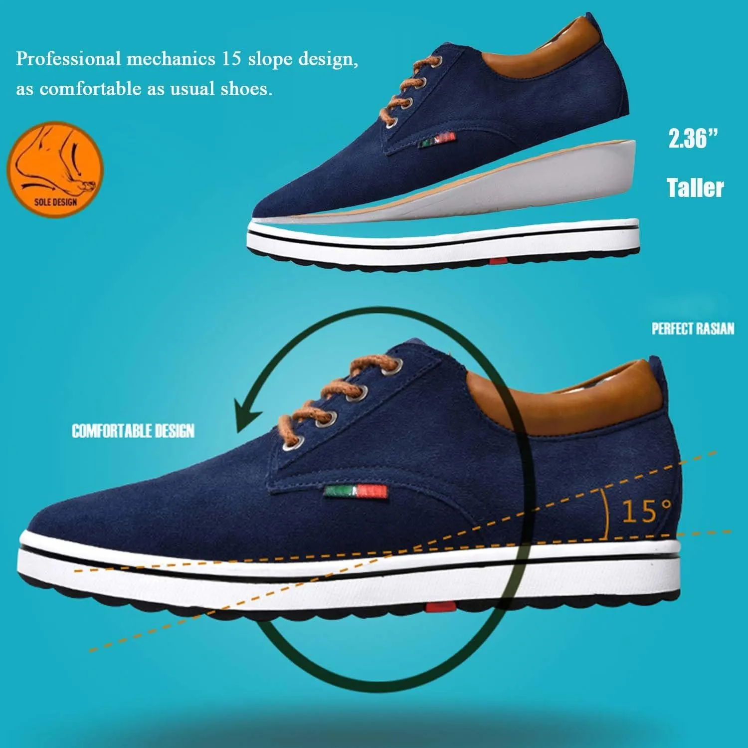 CERYTHRINA Men's Taller Height Increasing Elevator Shoes 2.36'' Lace-up Flannelette Cowhide Leather Dress Shoes