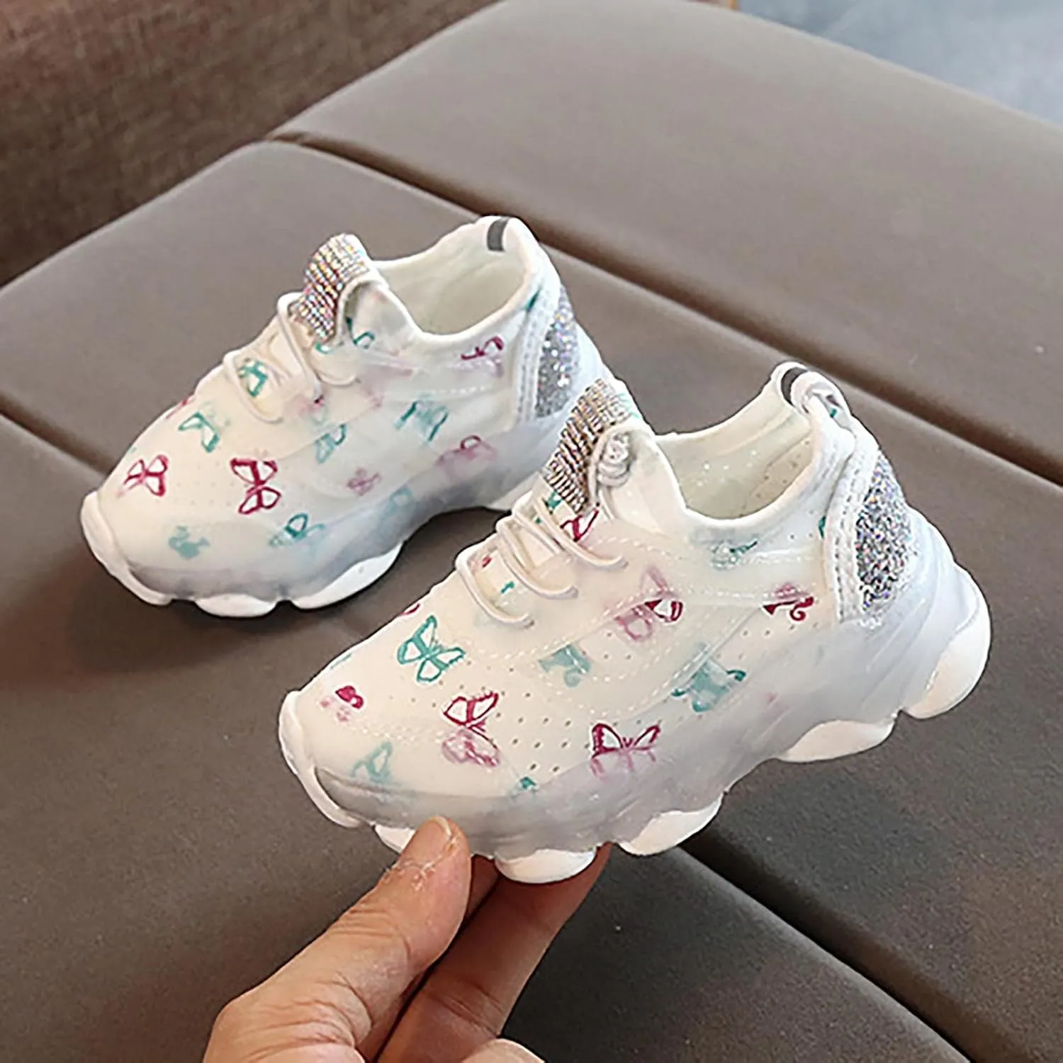 Children's Sneakers Butterfly Print LED Light Shoes Daddy Shoes Lacing Breathable Soft Soles Toddler Athletic Shoes