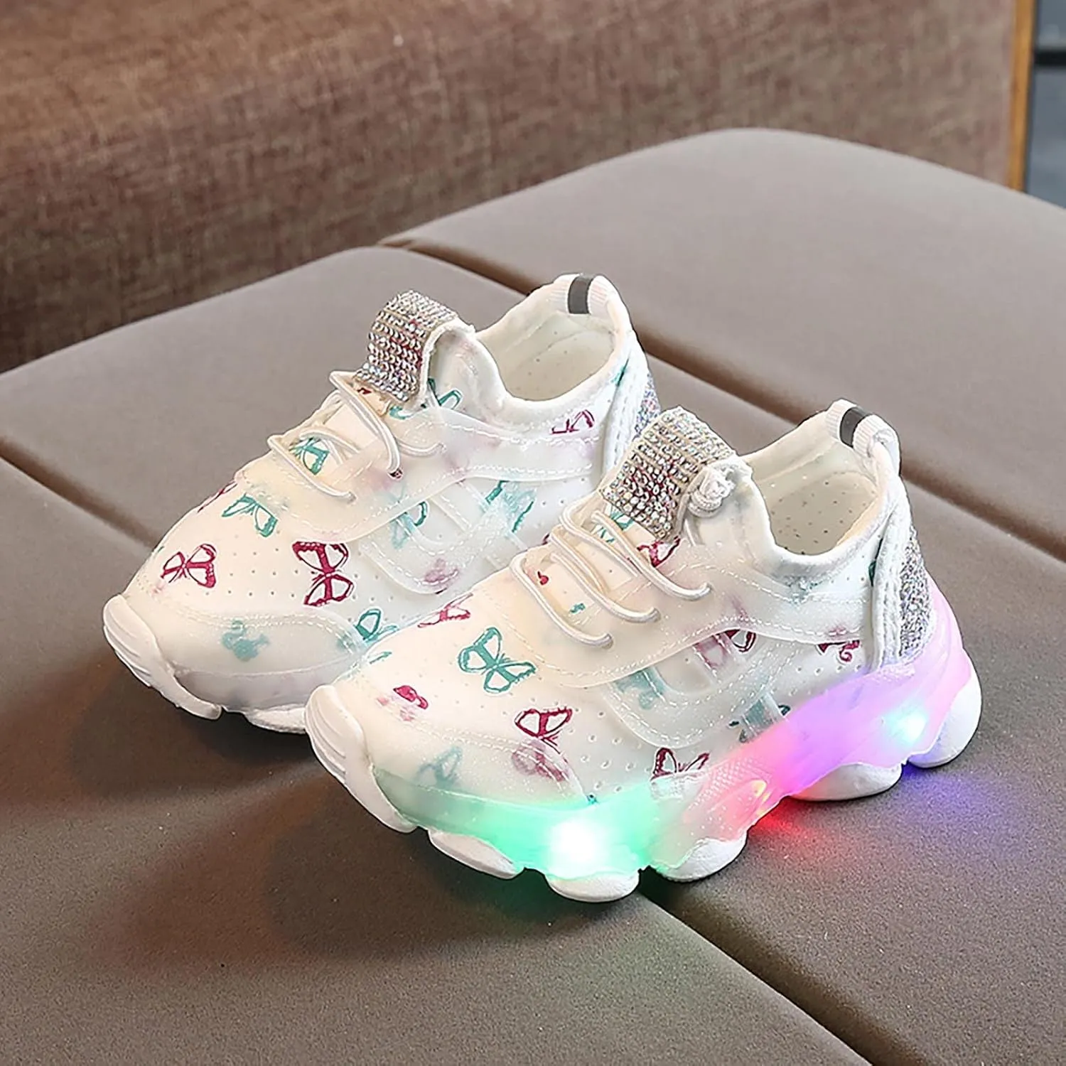 Children's Sneakers Butterfly Print LED Light Shoes Daddy Shoes Lacing Breathable Soft Soles Toddler Athletic Shoes