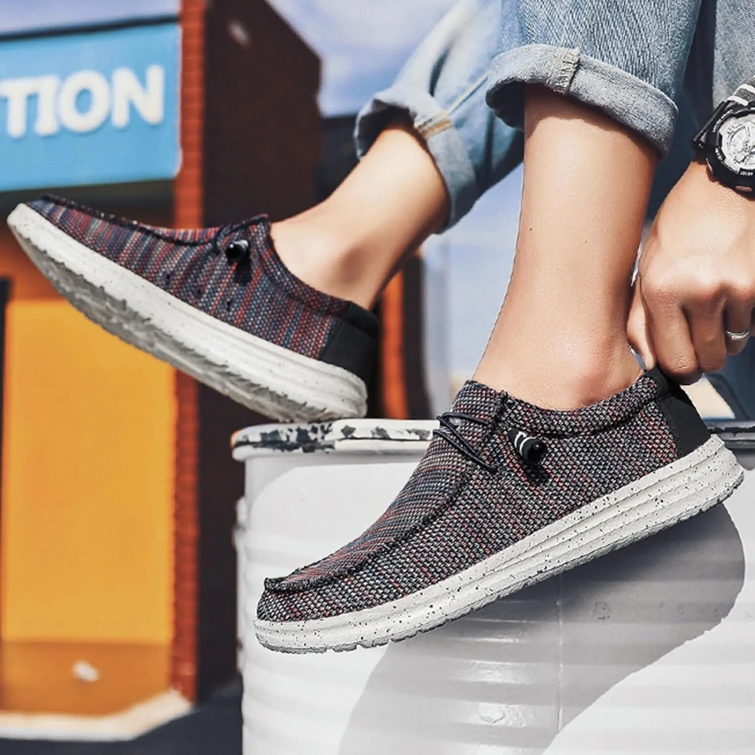 Classic Loafers for Men Comfort,Casual Comfy Canvas Men's Loafers & Slip-ons,Lightweight & Breathable Mesh Mens Boat Shoes,All Weather Rubber Soles