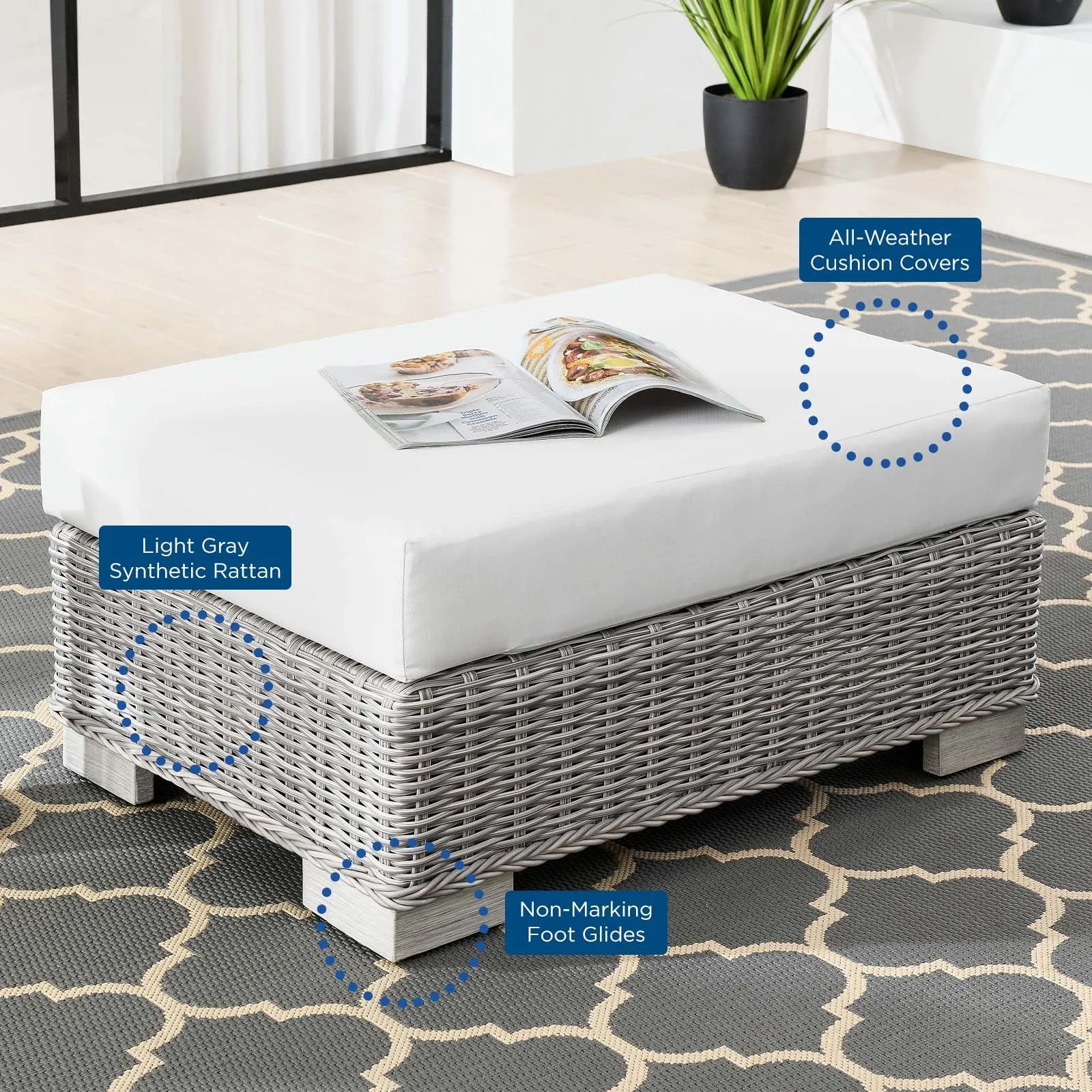 Conway Outdoor Patio Wicker Rattan Ottoman Light Gray White EEI-4839-LGR-WHI