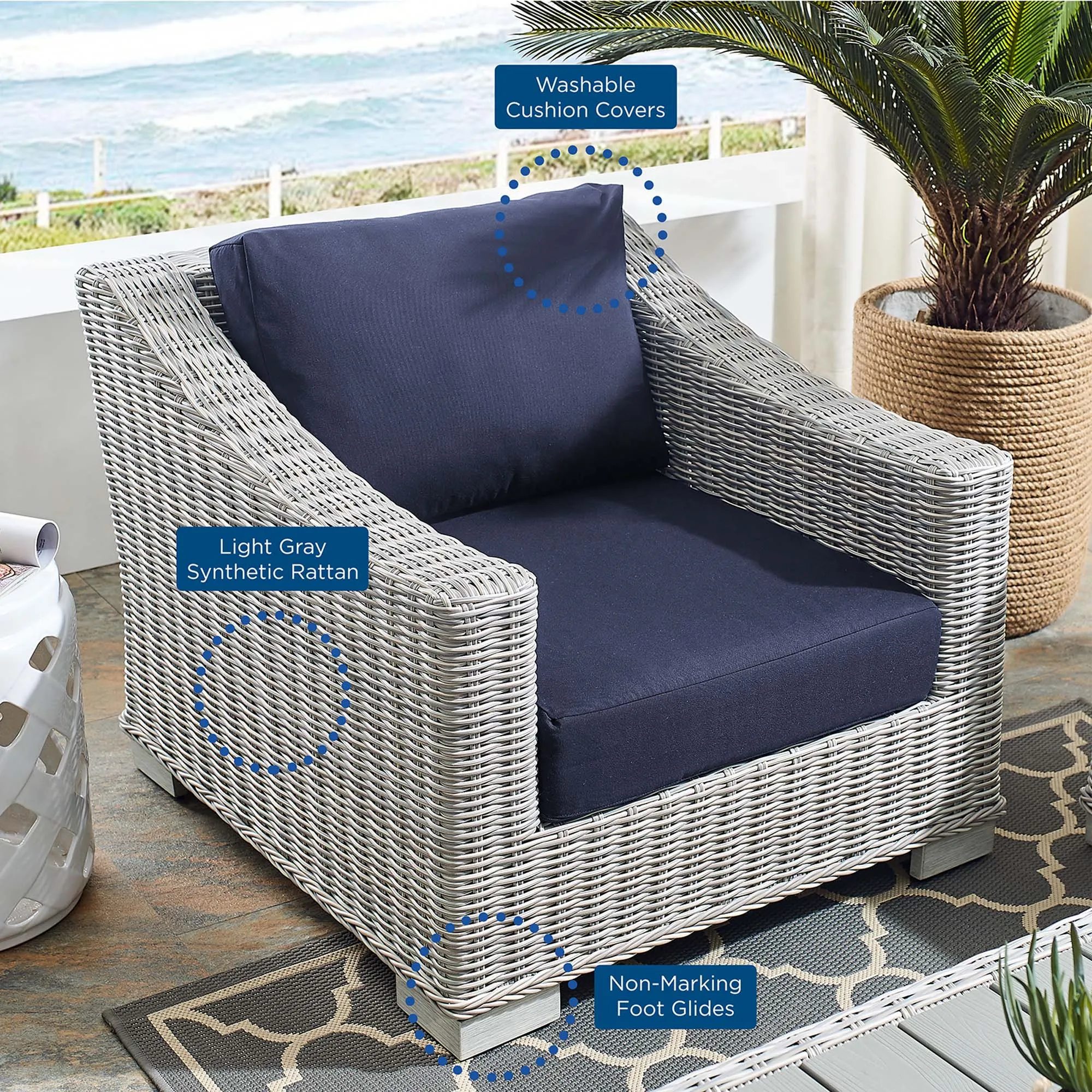 Conway Sunbrella® Outdoor Patio Wicker Rattan 2-Piece Armchair and Ottoman Set by Modway
